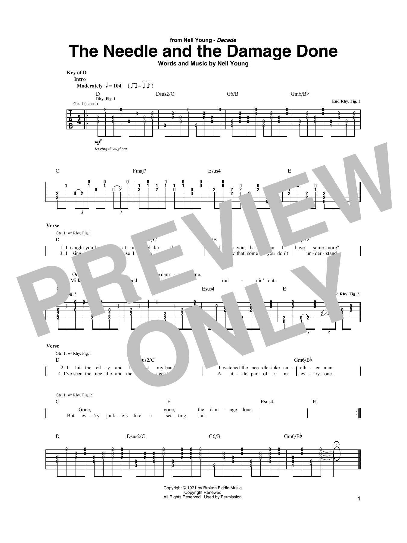 The Needle And The Damage Done (Guitar Rhythm Tab) von Neil Young
