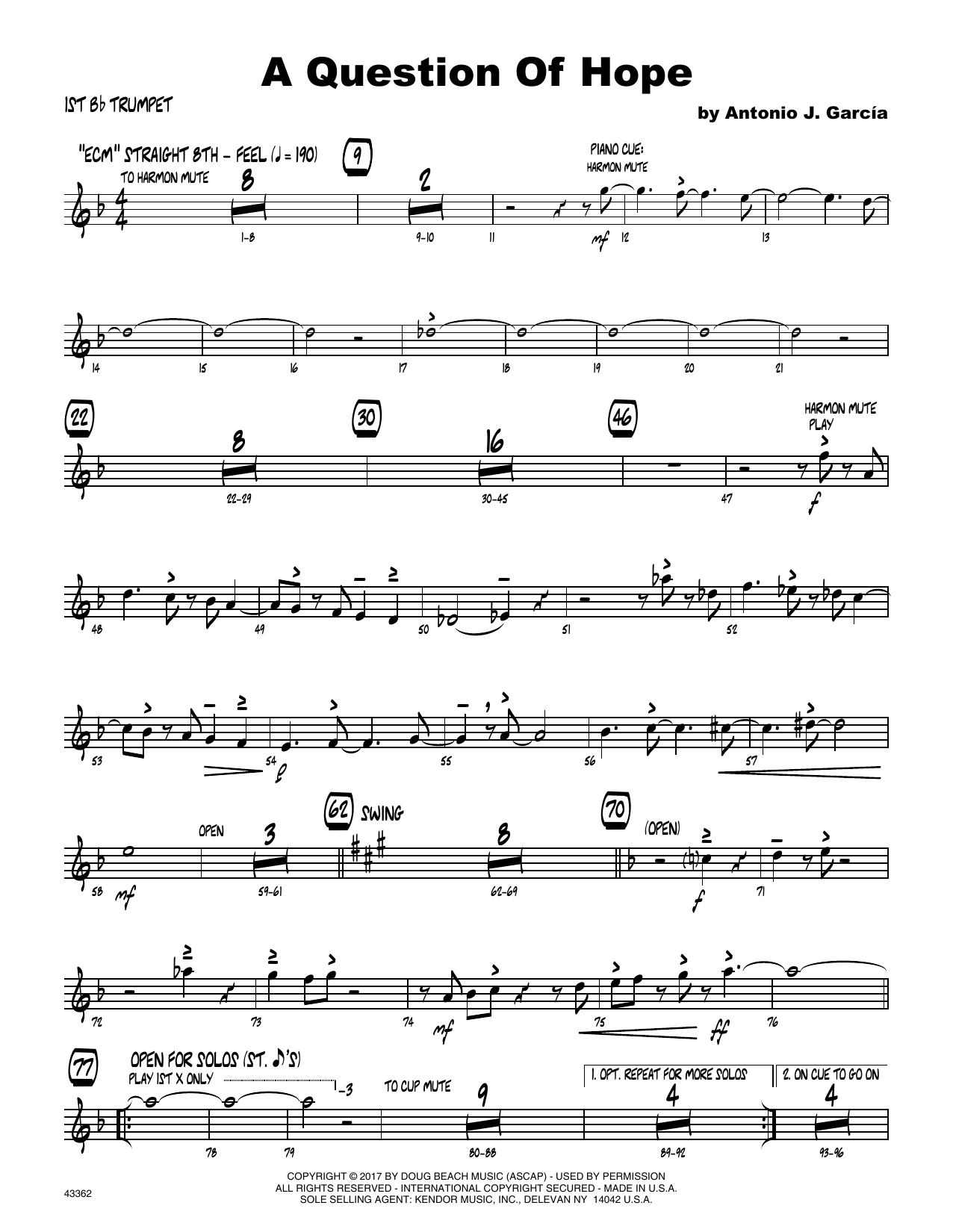 A Question Of Hope - 1st Bb Trumpet (Jazz Ensemble) von Antonio Garcia