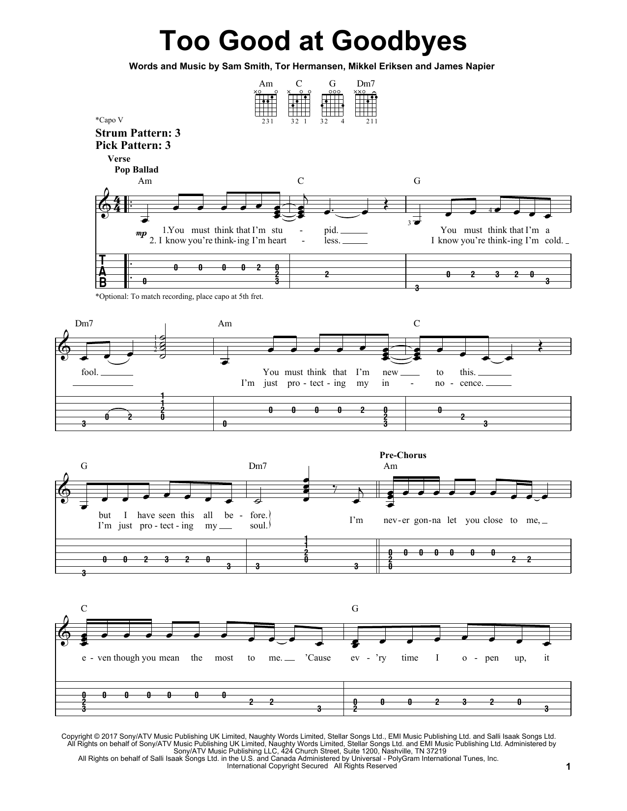 Too Good At Goodbyes (Easy Guitar Tab) von Sam Smith