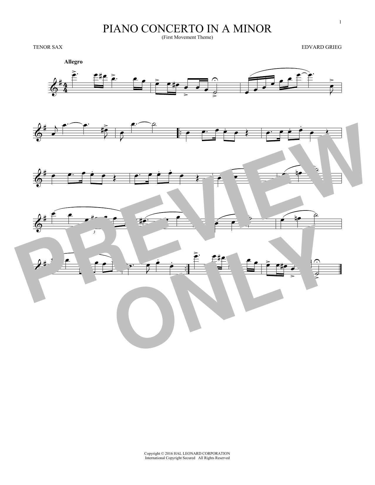 Piano Concerto In A Minor, Op. 16 (Tenor Sax Solo) von Edvard Grieg