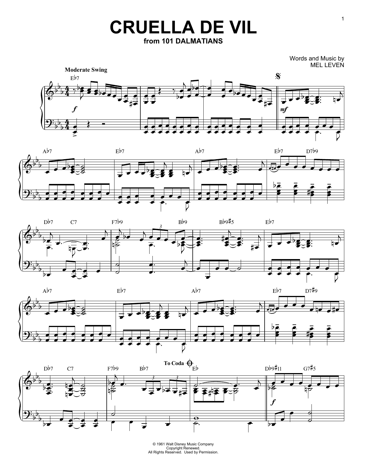 Cruella De Vil [Jazz version] (from 101 Dalmatians) (Piano Solo) von Mel Leven