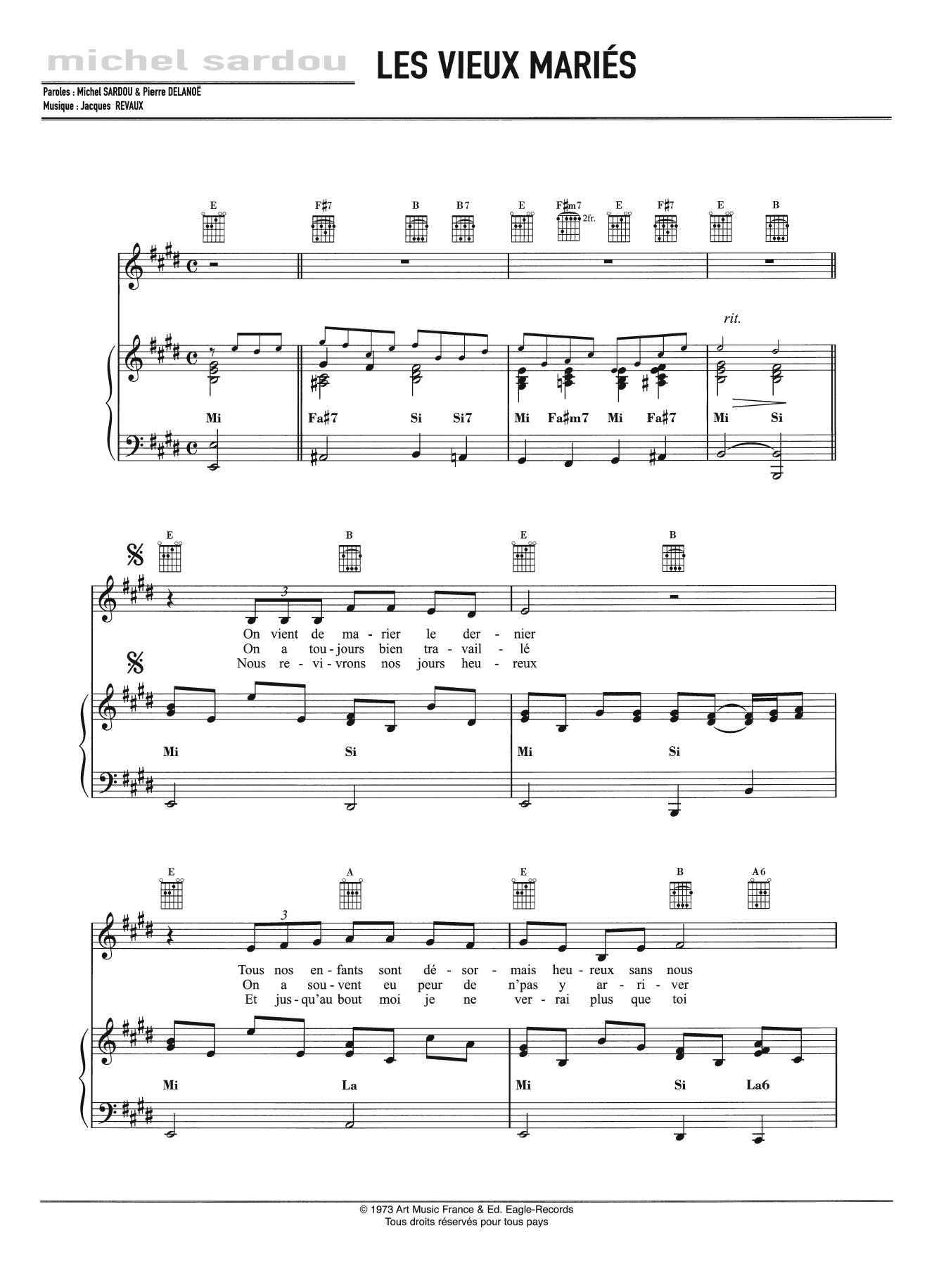 Les Vieux Maries (Piano, Vocal & Guitar Chords) von Michel Sardou