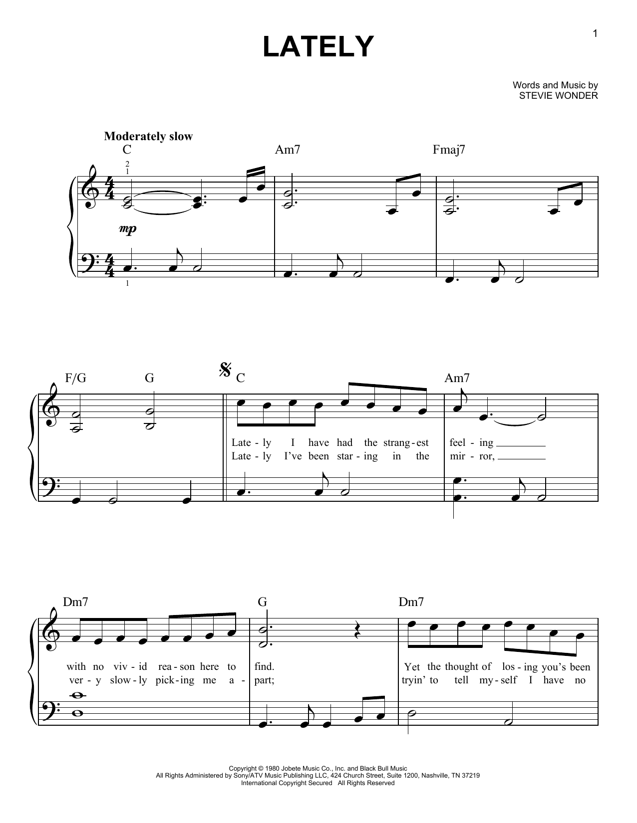 Lately (Very Easy Piano) von Stevie Wonder