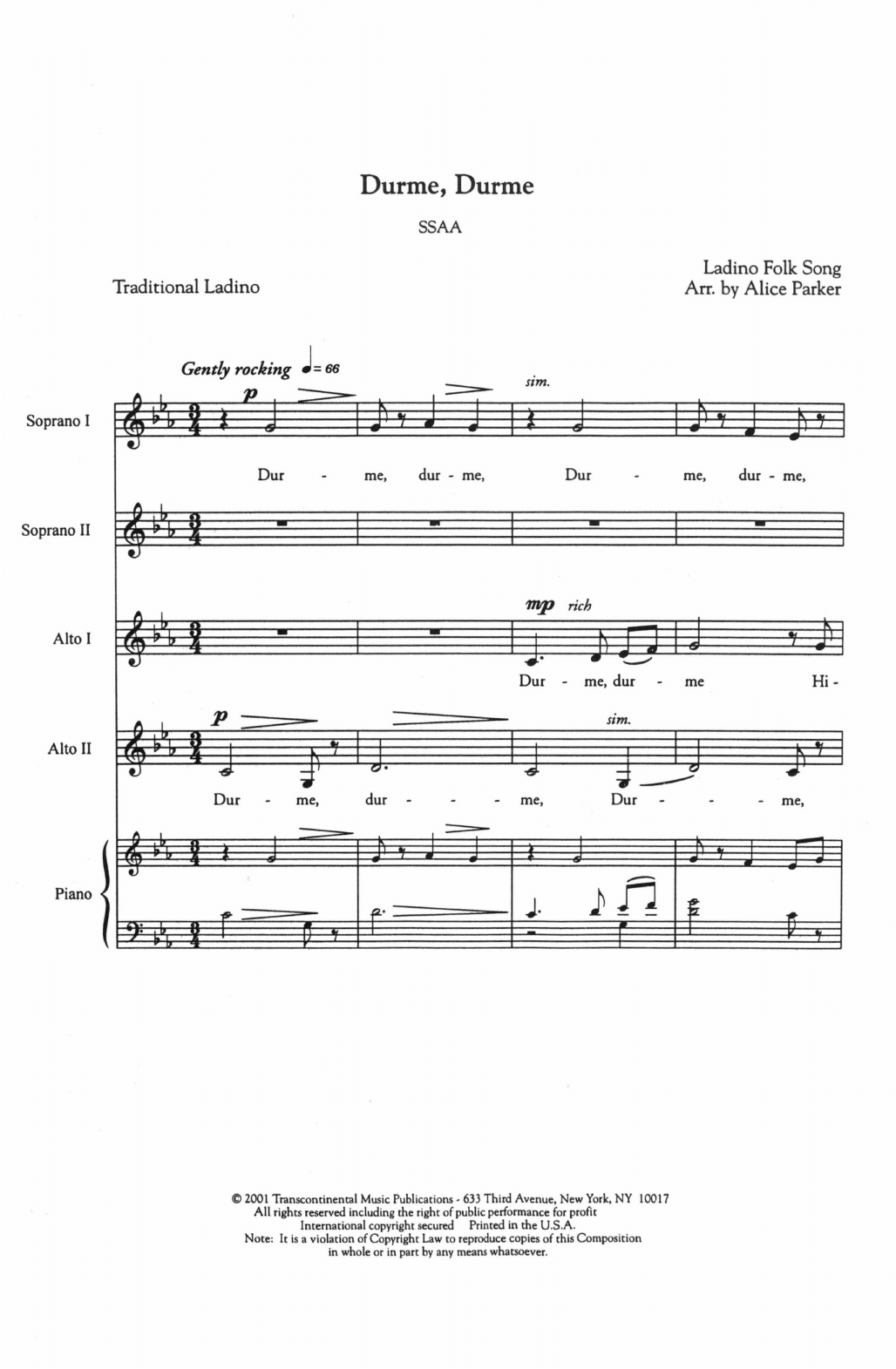 Durme, Durme (Sleep, Sleep) (SSA Choir) von Alice Parker