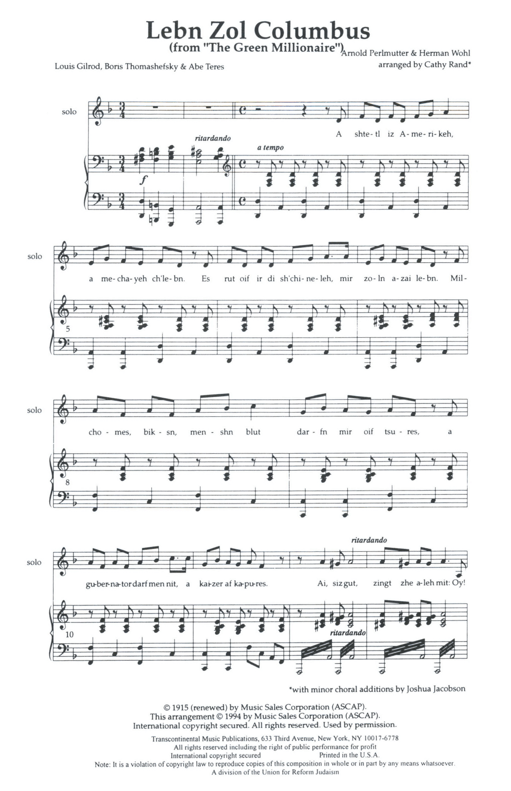 Lebn Zol Columbus Solo (high), Piano (SATB Choir) von Aaron Perlmutter