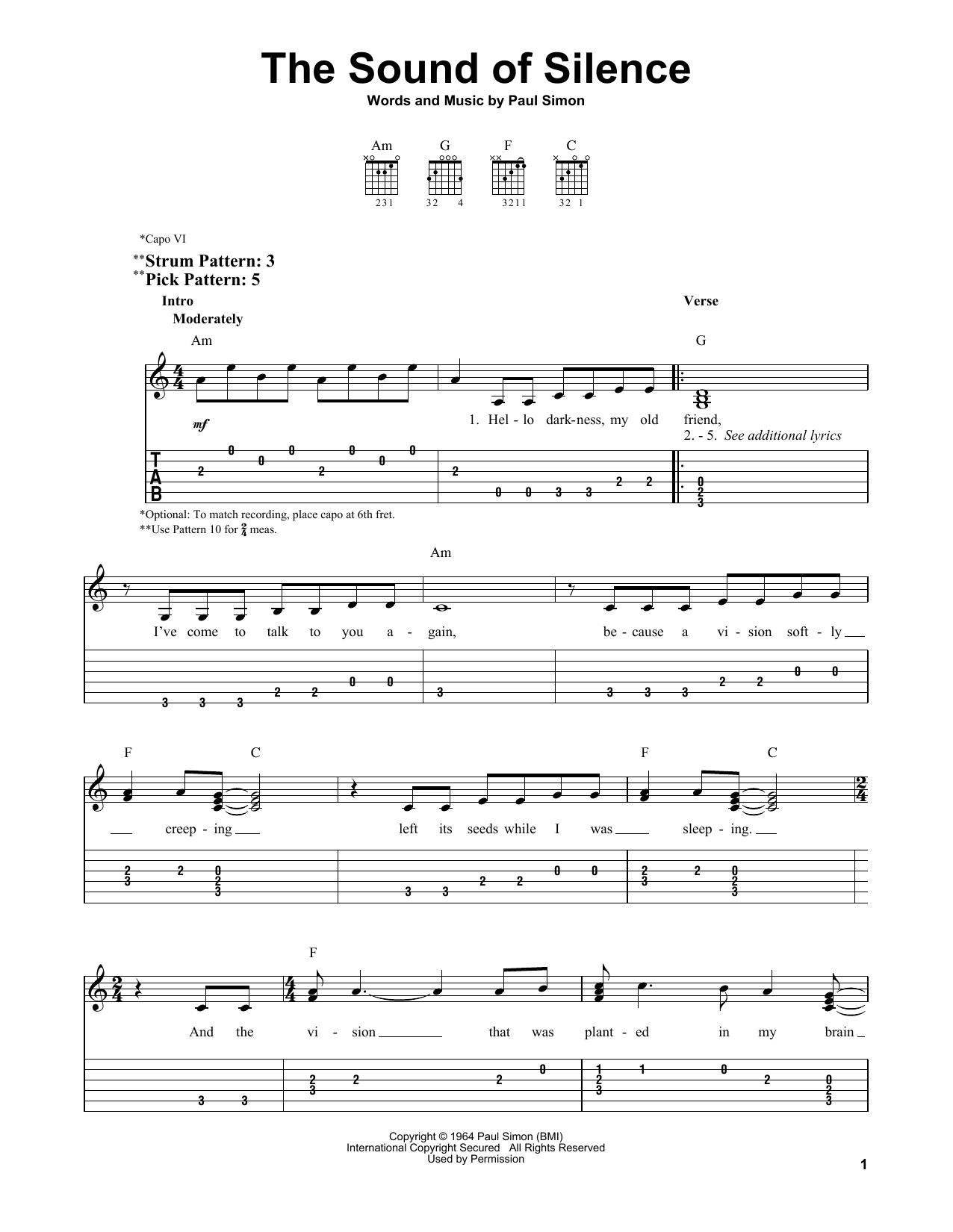The Sound Of Silence (Easy Guitar Tab) von Simon & Garfunkel