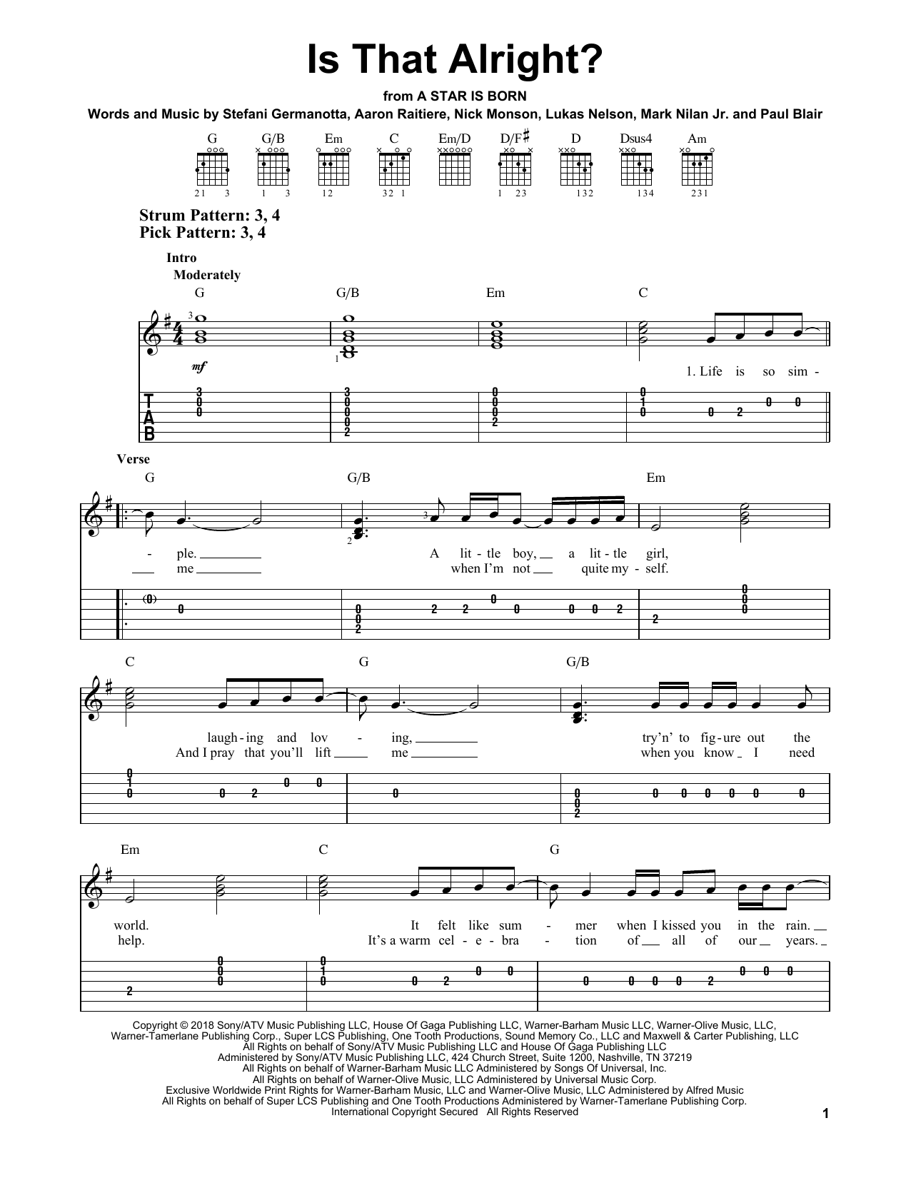Is That Alright? (from A Star Is Born) (Easy Guitar Tab) von Lady Gaga