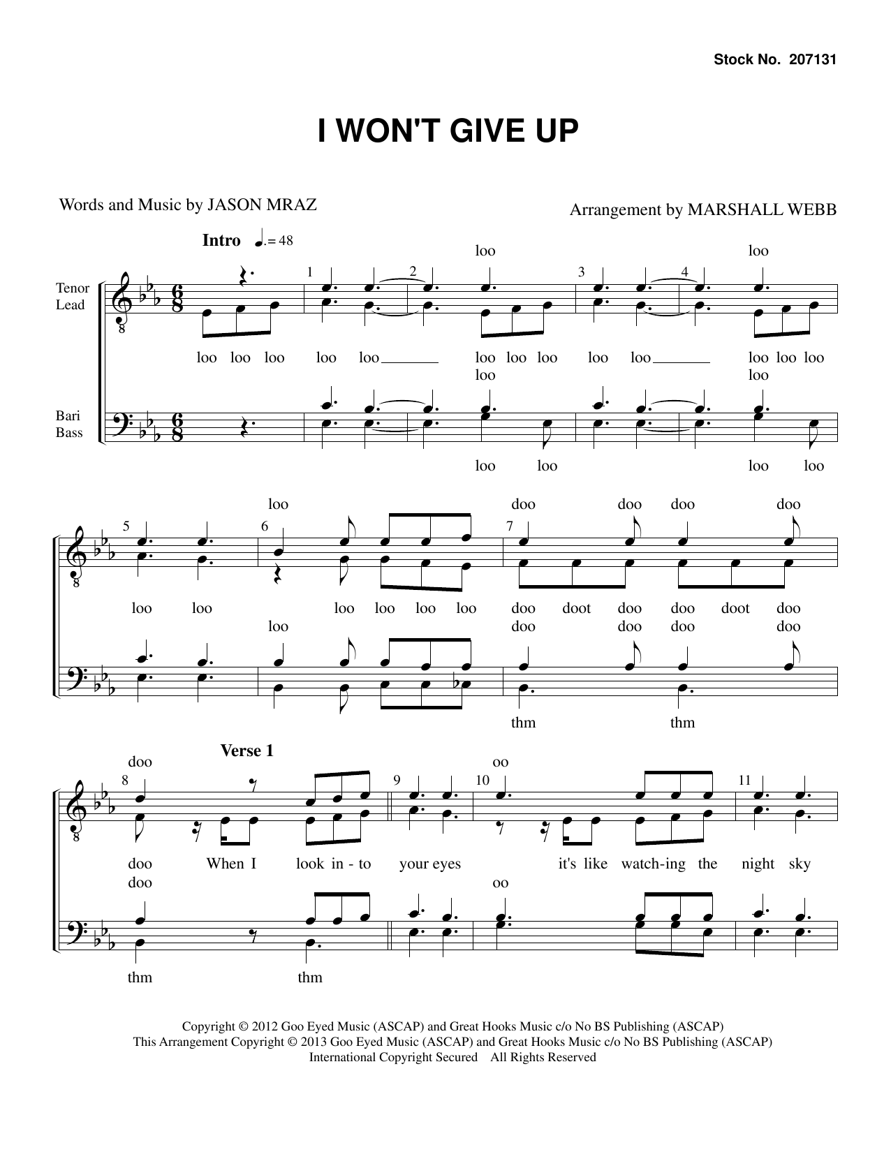 I Won't Give Up (arr. Marshall Webb) (TTBB Choir) von Jason Mraz