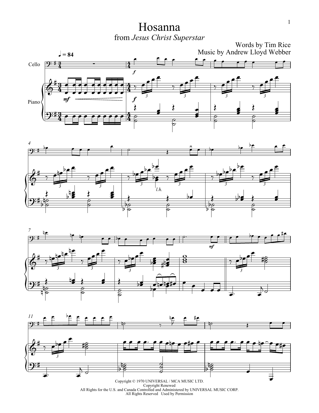 Hosanna (from Jesus Christ Superstar) (Cello and Piano) von Andrew Lloyd Webber