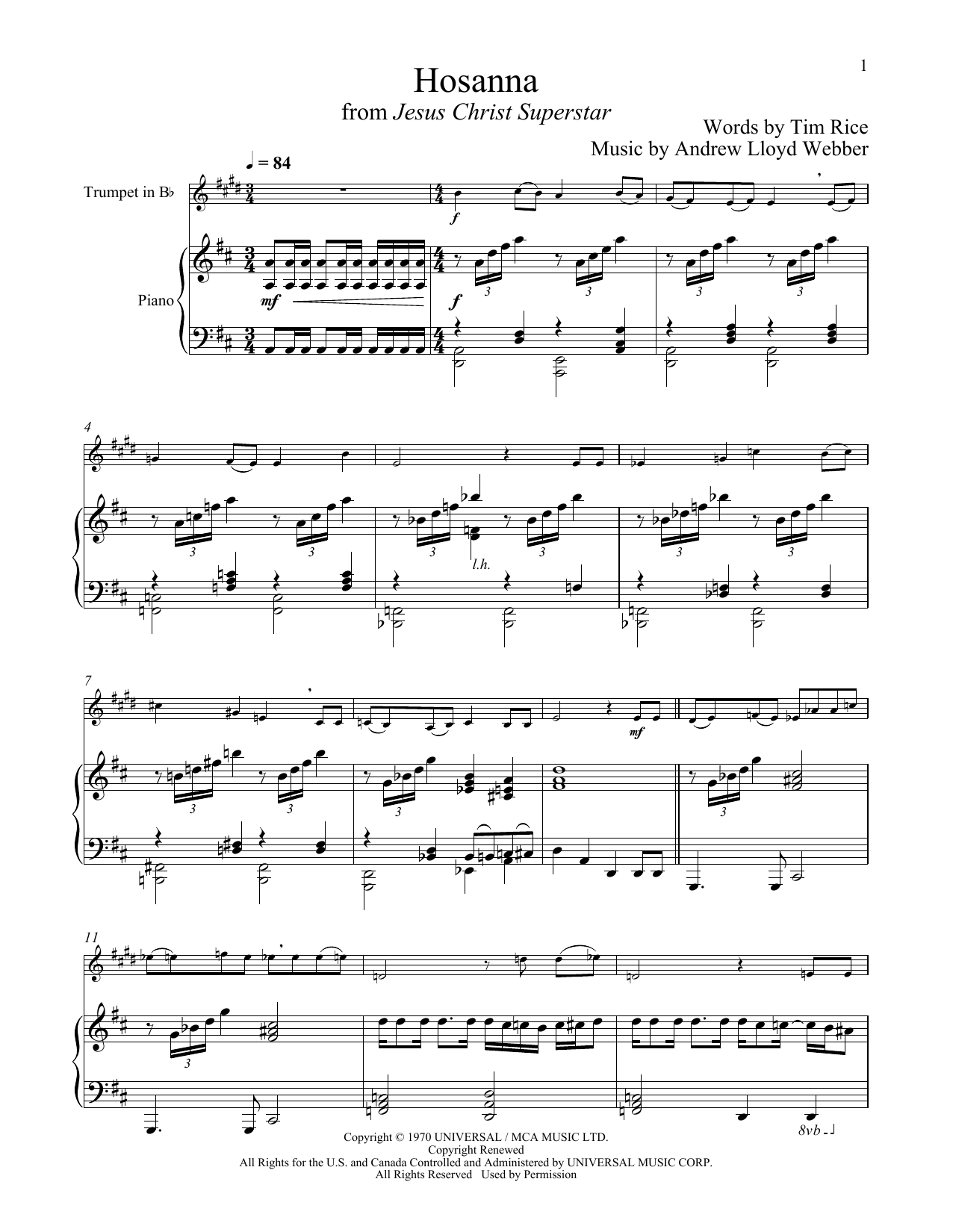Hosanna (from Jesus Christ Superstar) (Trumpet and Piano) von Andrew Lloyd Webber