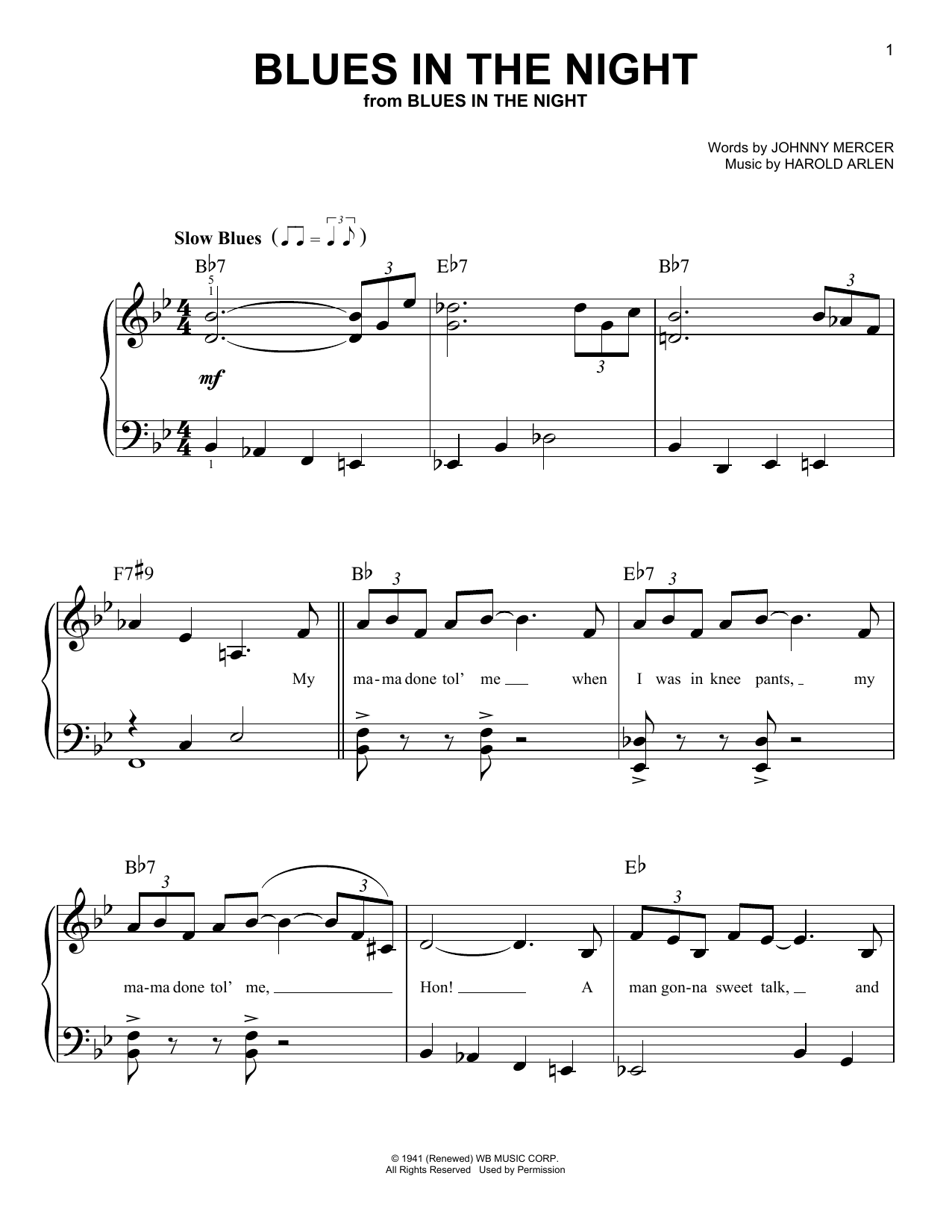 Blues In The Night (Easy Piano) von Harold Arlen
