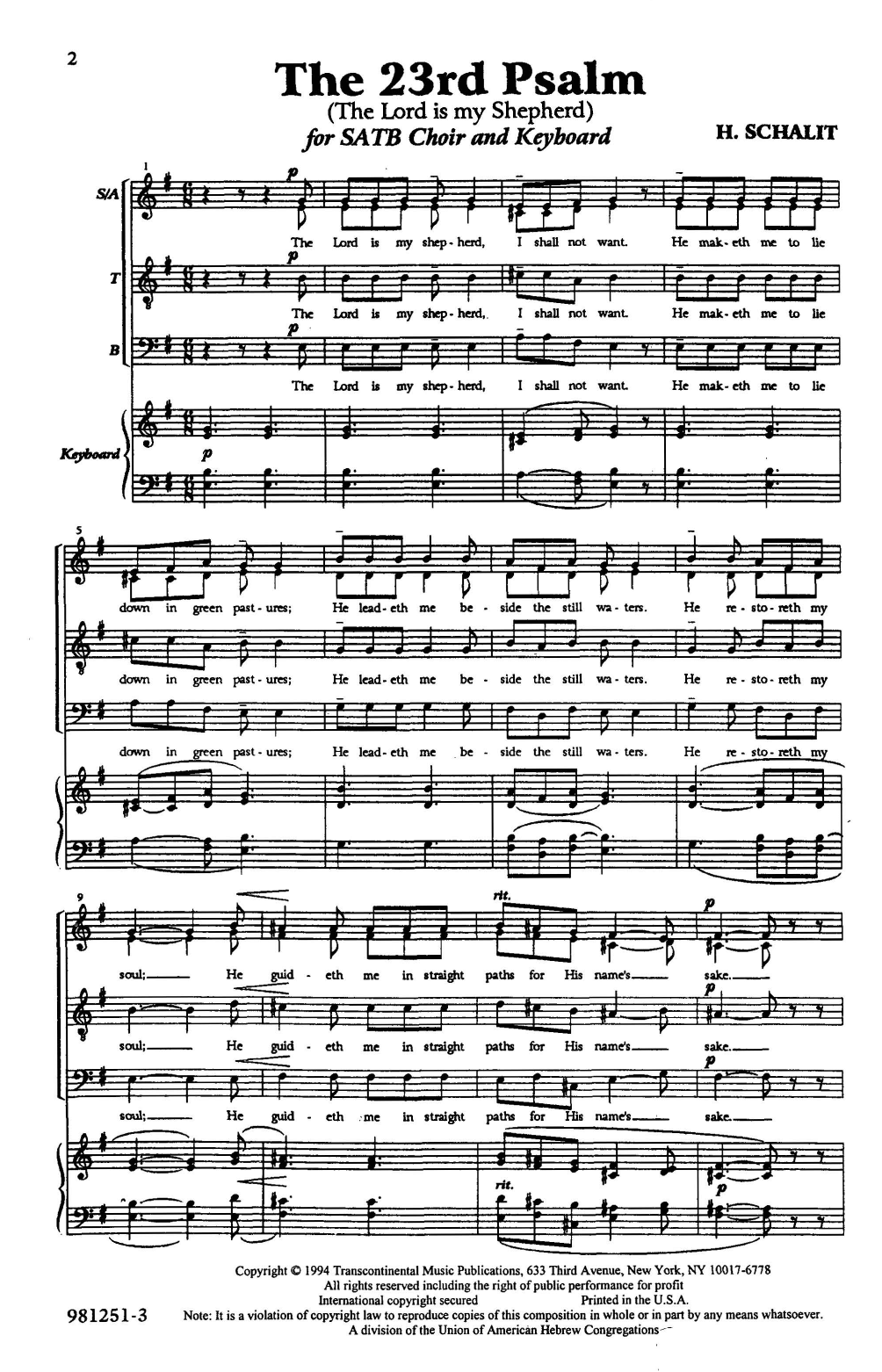 The 23rd Psalm (SATB Choir) von Heinrich Schalit