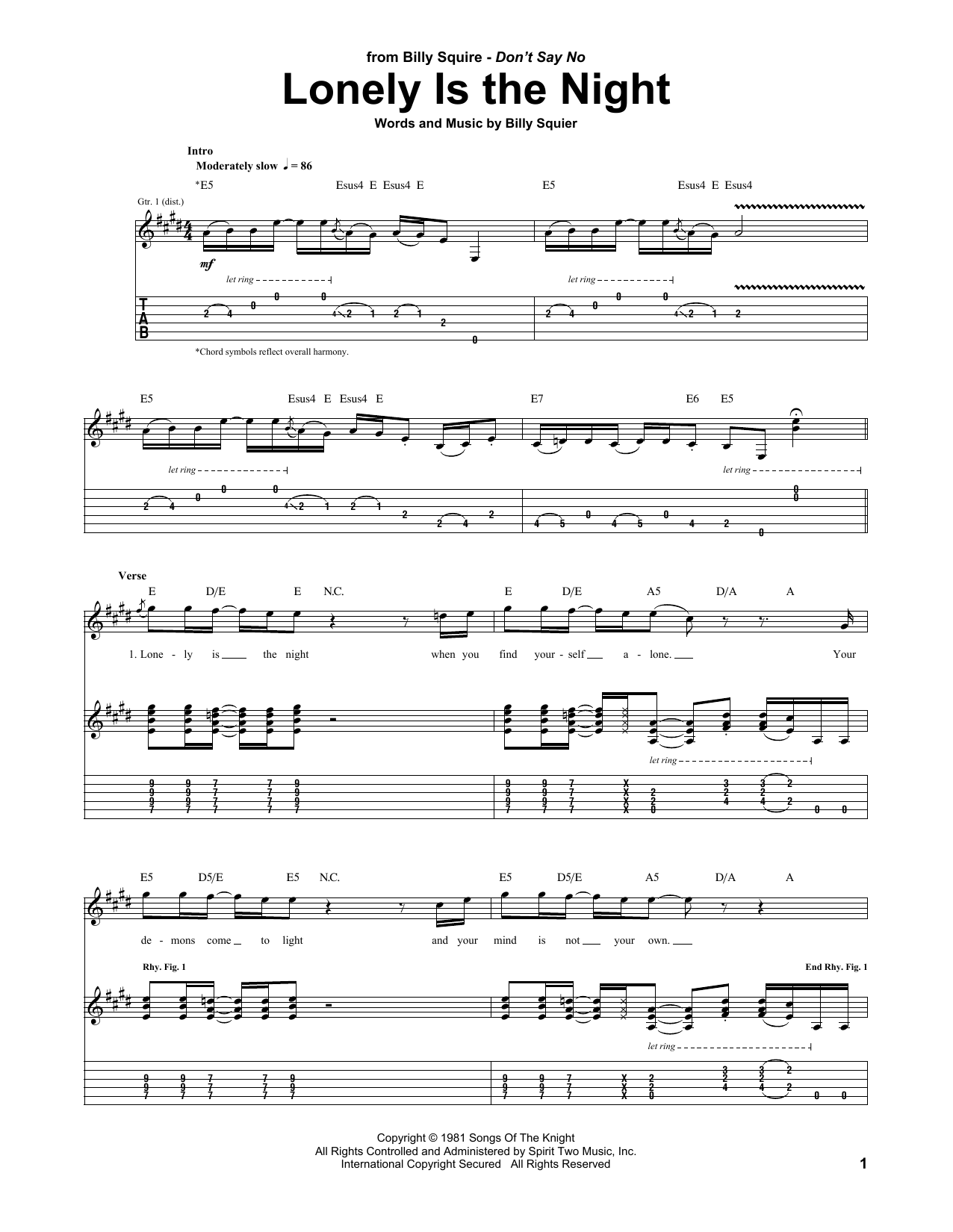 Lonely Is The Night (Guitar Tab) von Billy Squier