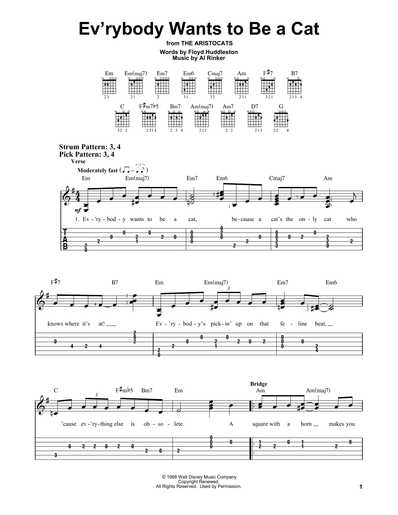 Ev'rybody Wants To Be A Cat (from The Aristocats) (Easy Guitar Tab) von Floyd Huddleston