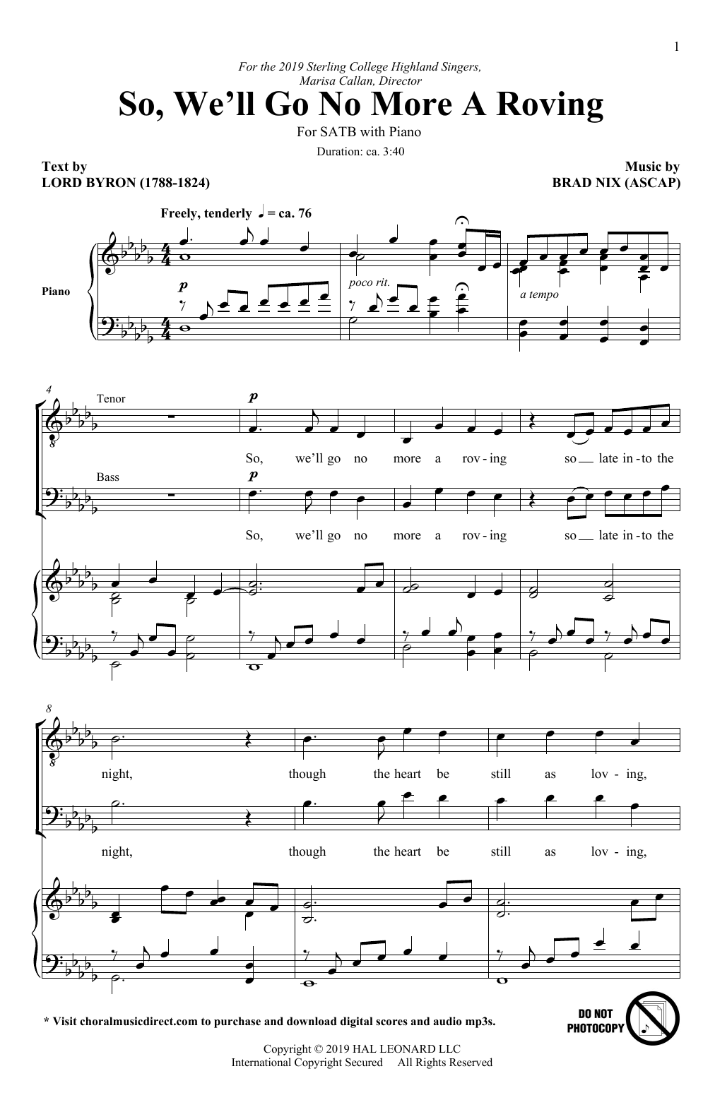 So, We'll Go No More A Roving (SATB Choir) von Brad Nix