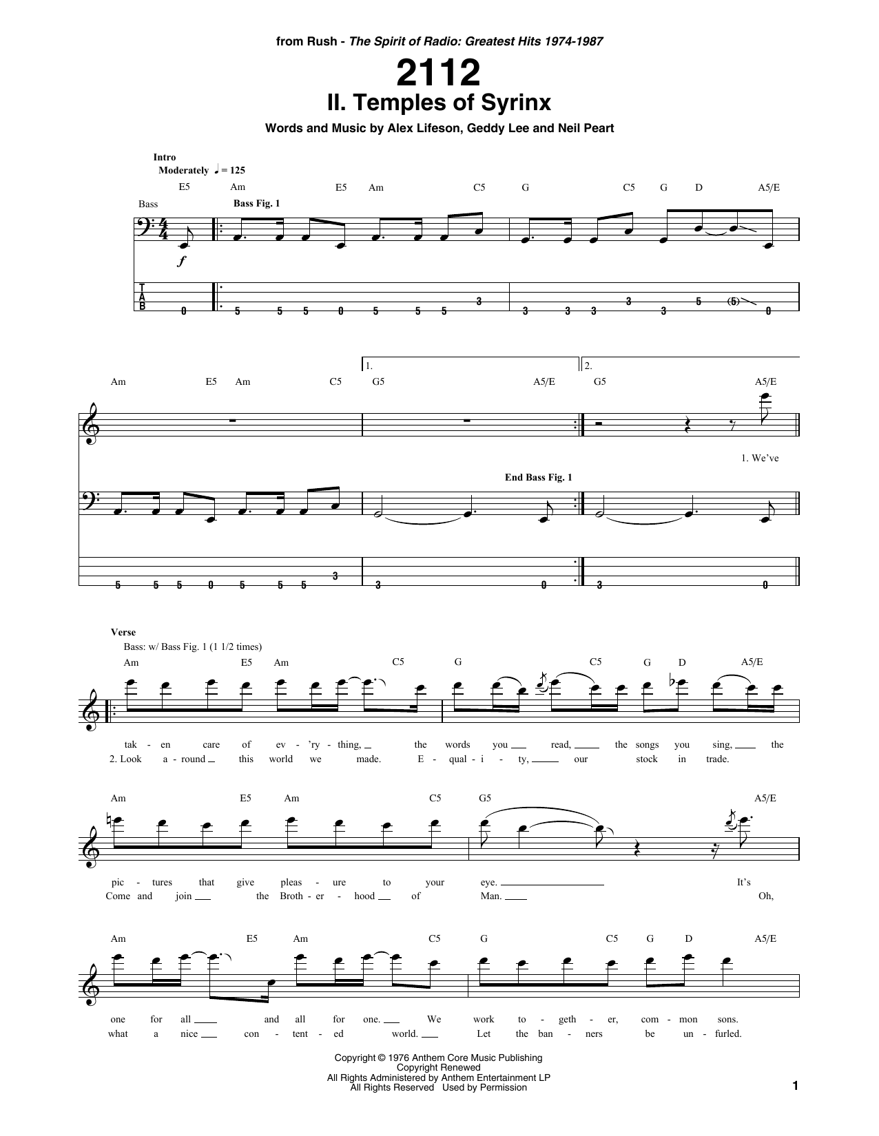 2112 - II. The Temples Of Syrinx (Bass Guitar Tab) von Rush