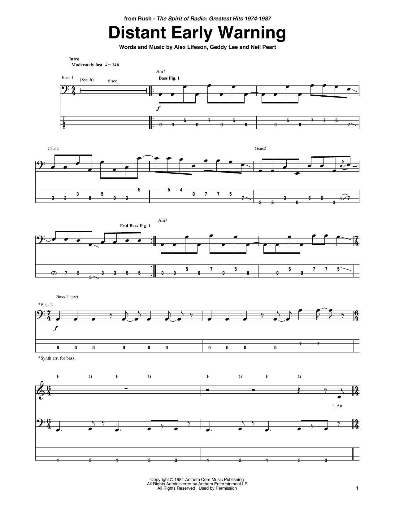 Distant Early Warning (Bass Guitar Tab) von Rush