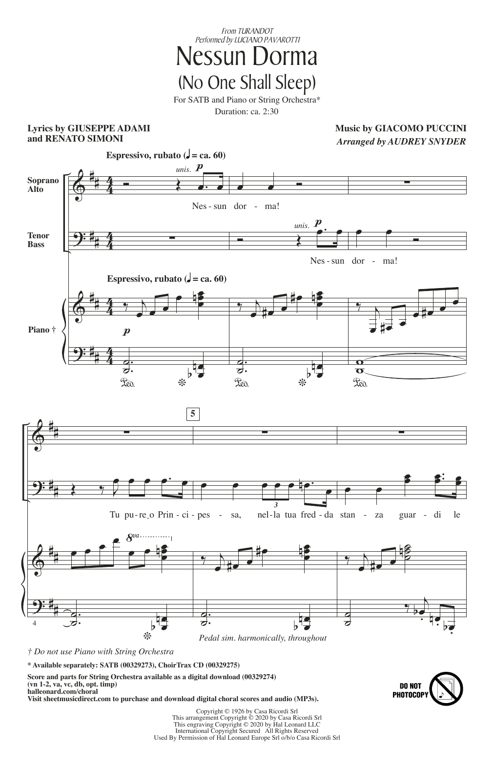 Nessun Dorma (No One Shall Sleep) (from Turandot) (arr. Audrey Snyder) (SATB Choir) von Luciano Pavarotti