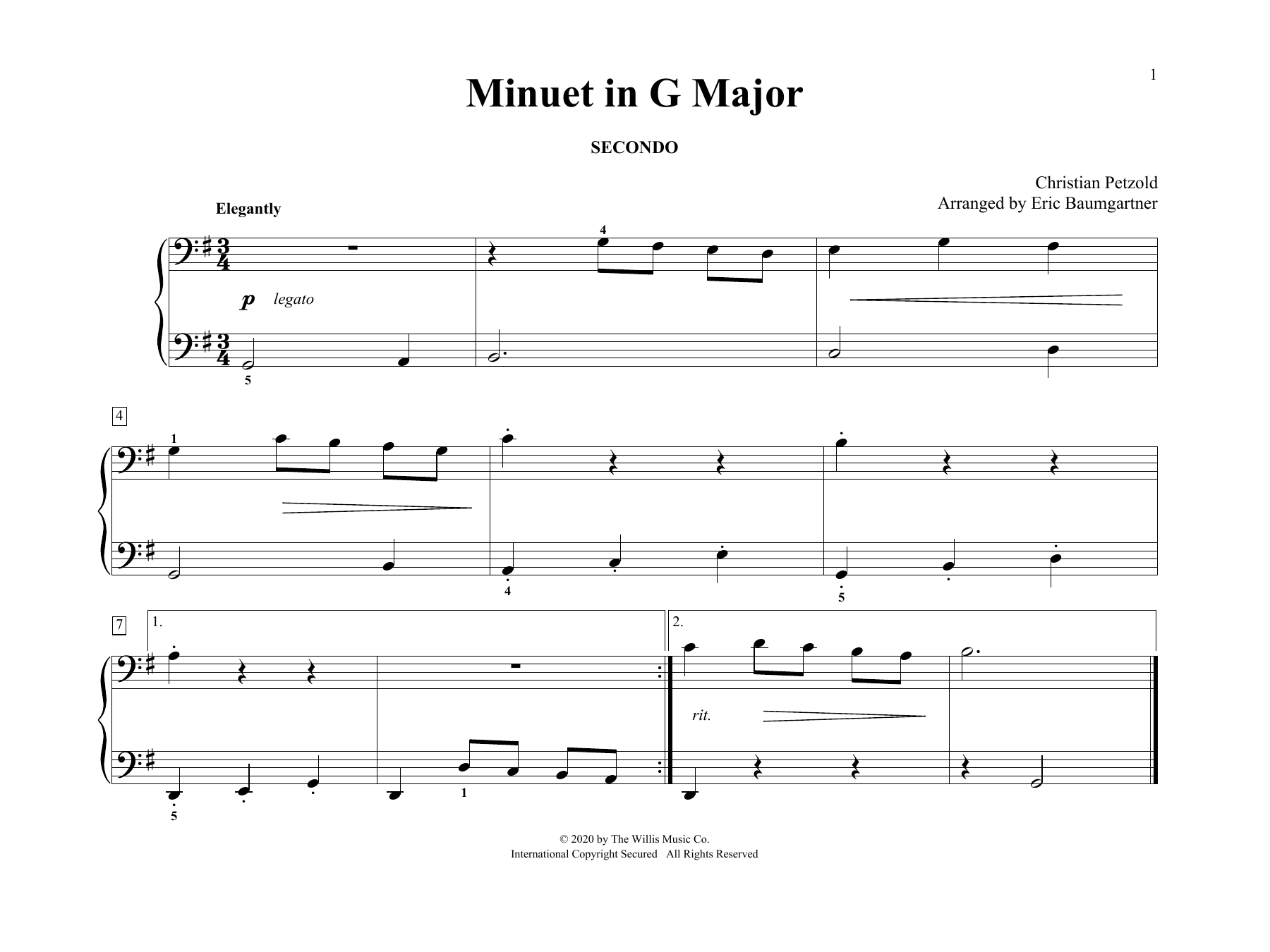 Minuet In G Major (arr. Eric Baumgartner) (Piano Duet) von Christian Petzold