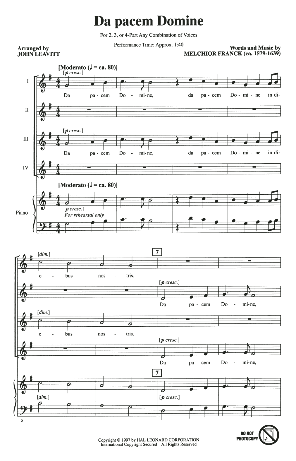 Da Pacem Domine (arr. John Leavitt) (4-Part Choir) von Melchior Franck