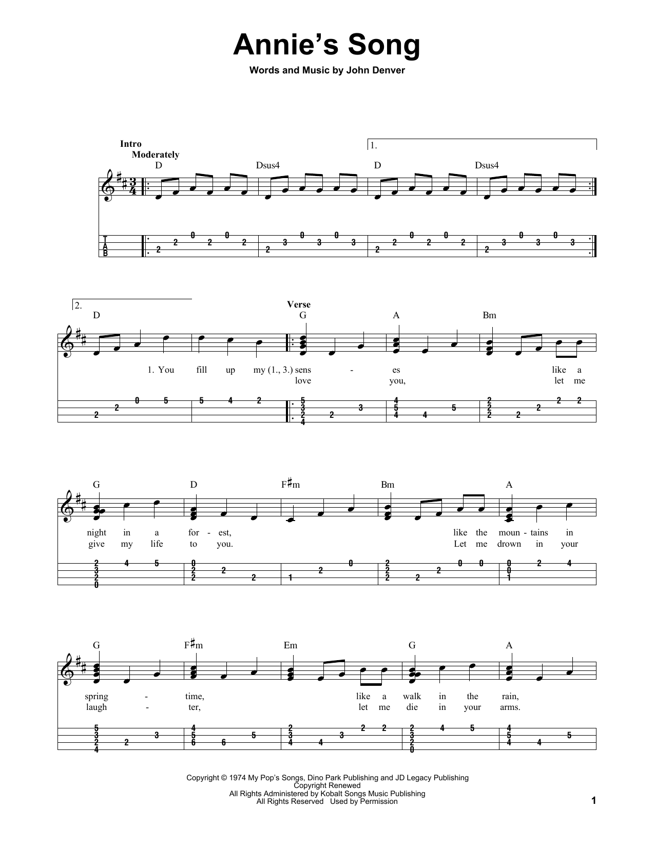 Annie's Song (Easy Ukulele Tab) von John Denver