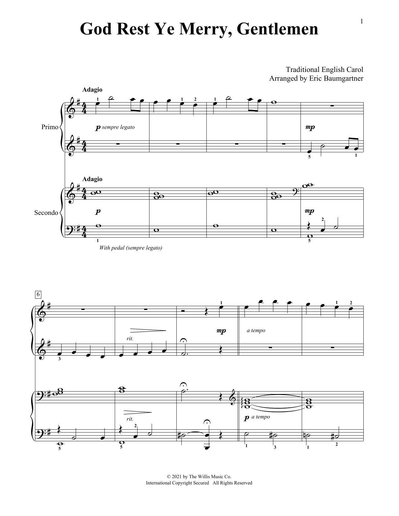 God Rest Ye Merry, Gentlemen (arr. Eric Baumgartner) (Piano Duet) von Traditional English Carol