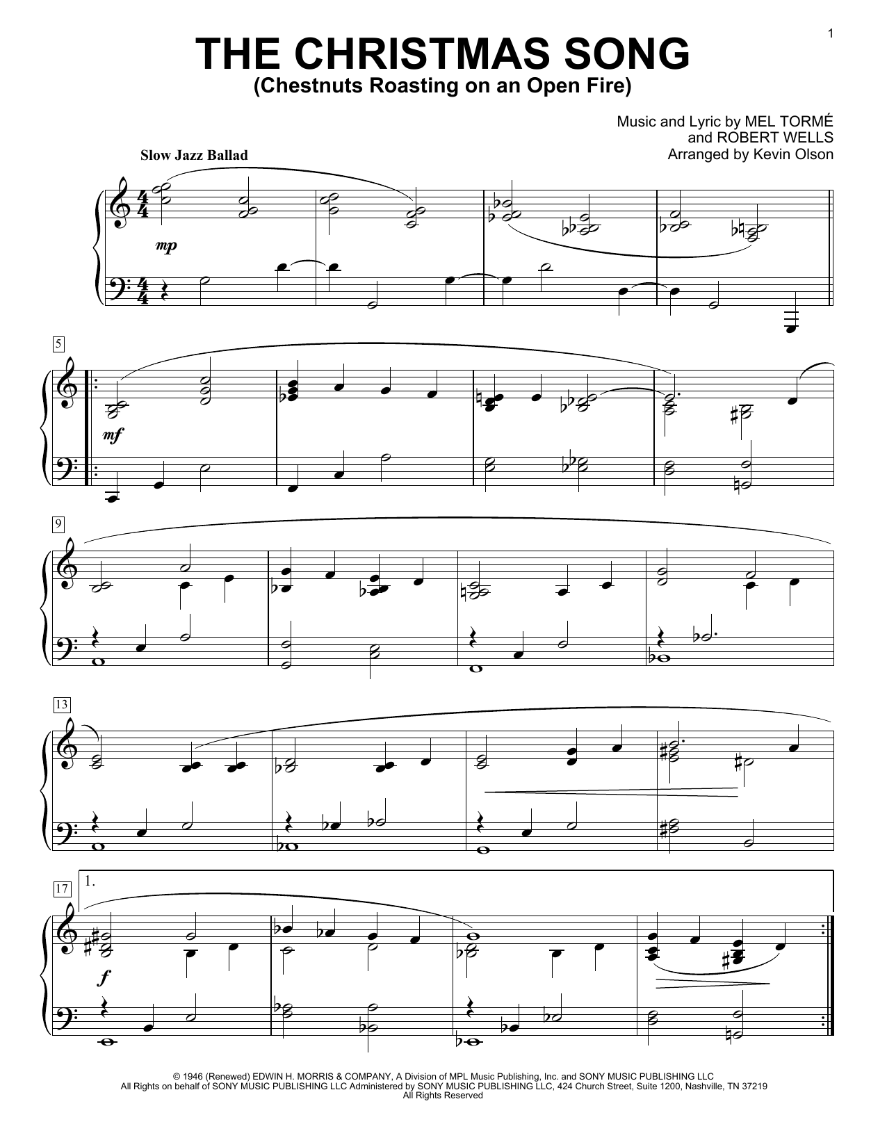 The Christmas Song (Chestnuts Roasting On An Open Fire) (arr. Kevin Olson) (Easy Piano Solo) von Mel Torme