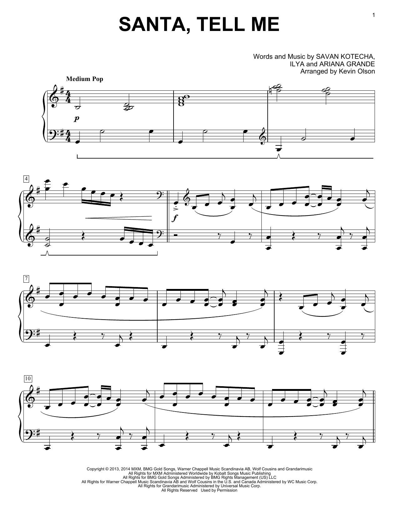 Santa Tell Me (arr. Kevin Olson) (Easy Piano Solo) von Ariana Grande