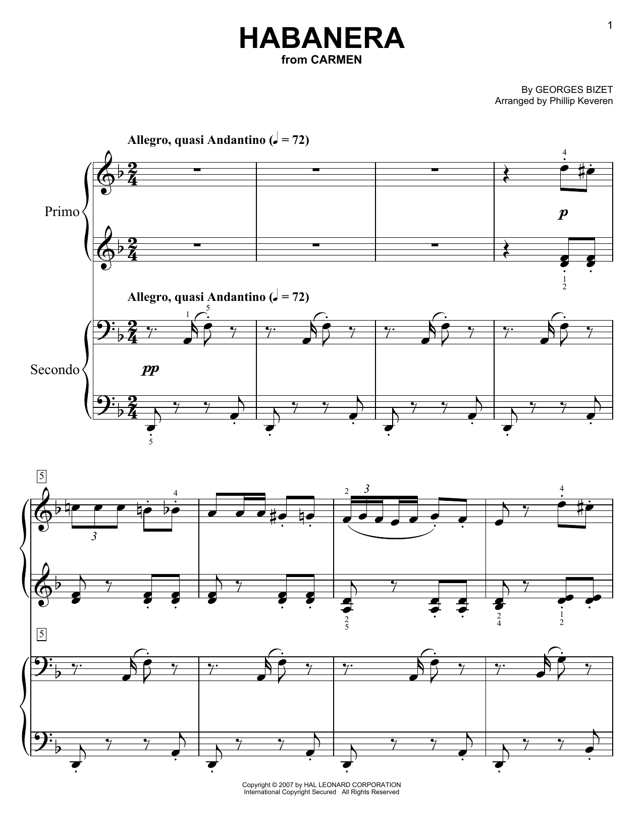 Habanera (arr. Phillip Keveren) (Easy Piano Duet) von Georges Bizet