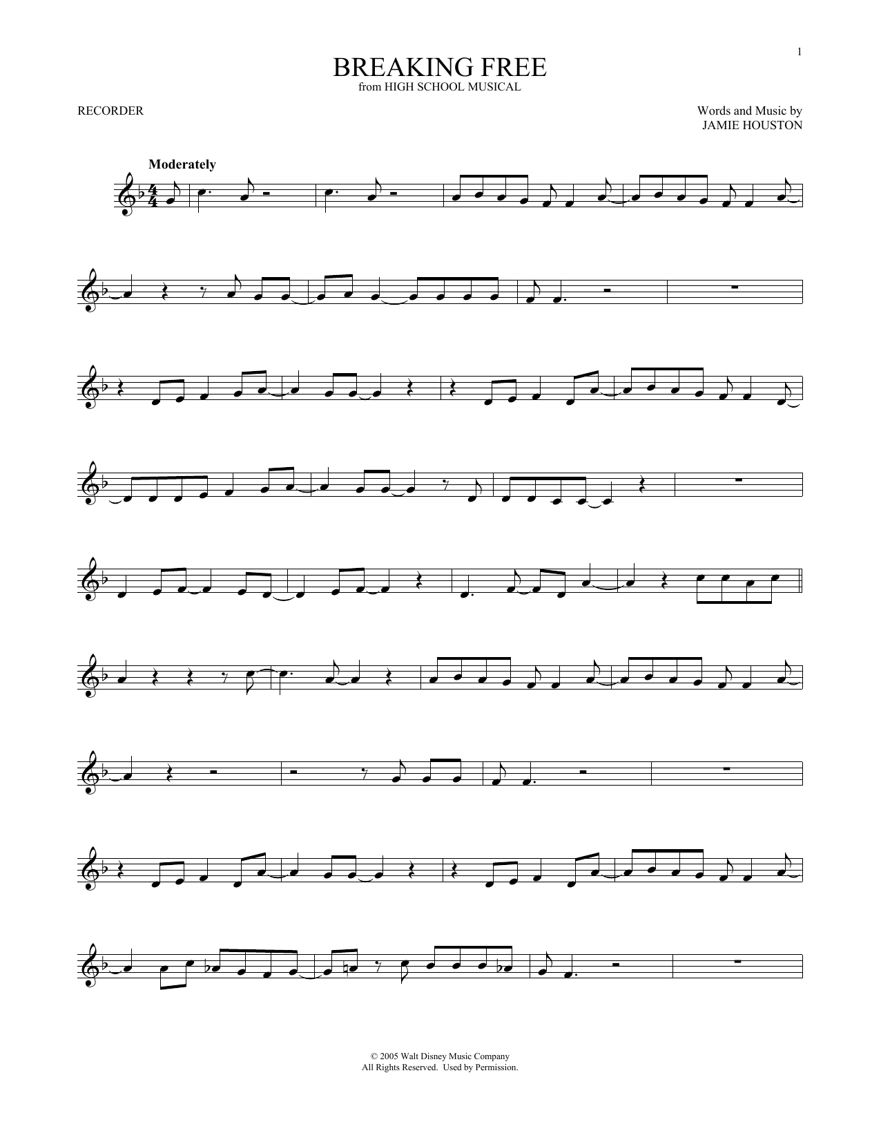 Breaking Free (from High School Musical) (Recorder Solo) von Zac Efron & Vanessa Hudgens