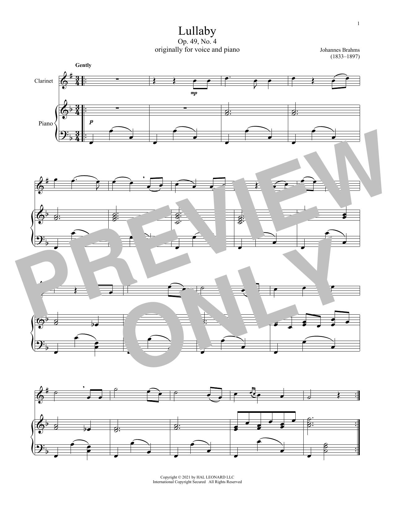 Lullaby (Clarinet and Piano) von Johannes Brahms