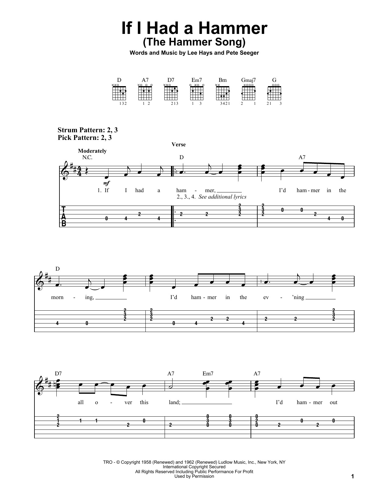 If I Had A Hammer (The Hammer Song) (Easy Guitar Tab) von Peter, Paul & Mary