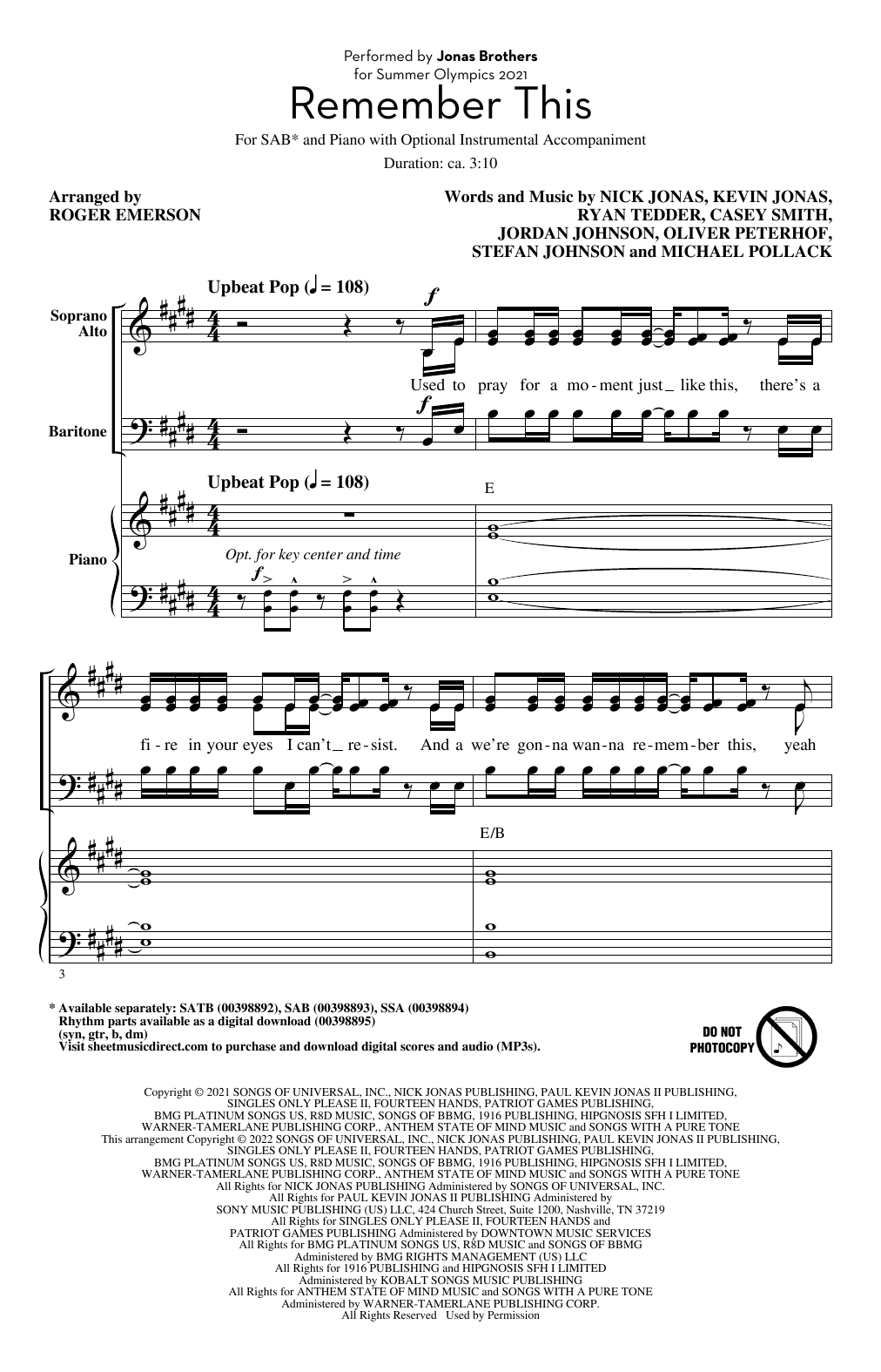 Remember This (arr. Roger Emerson) (SAB Choir) von Jonas Brothers