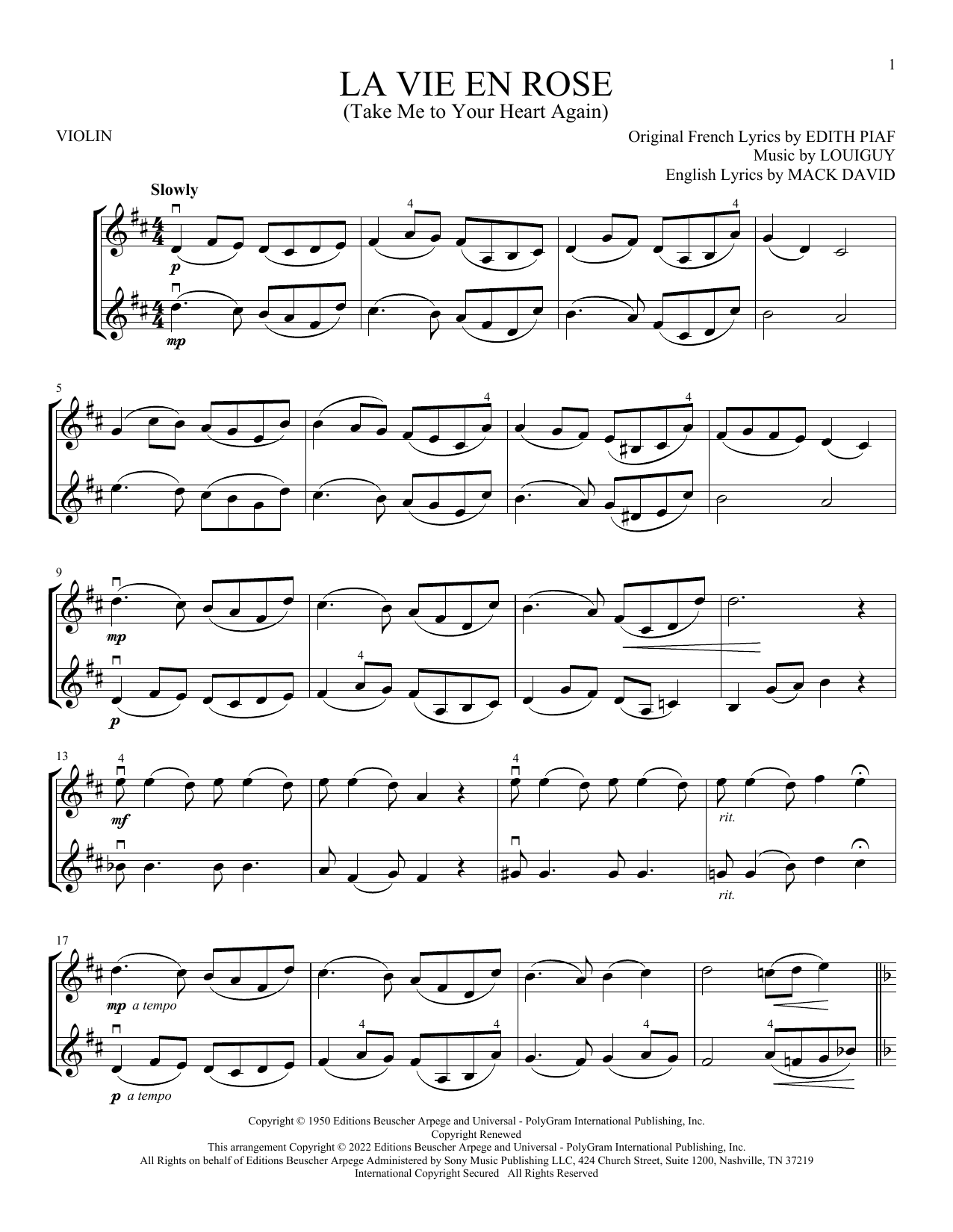 La Vie En Rose (Take Me To Your Heart Again) (Violin Duet) von Edith Piaf