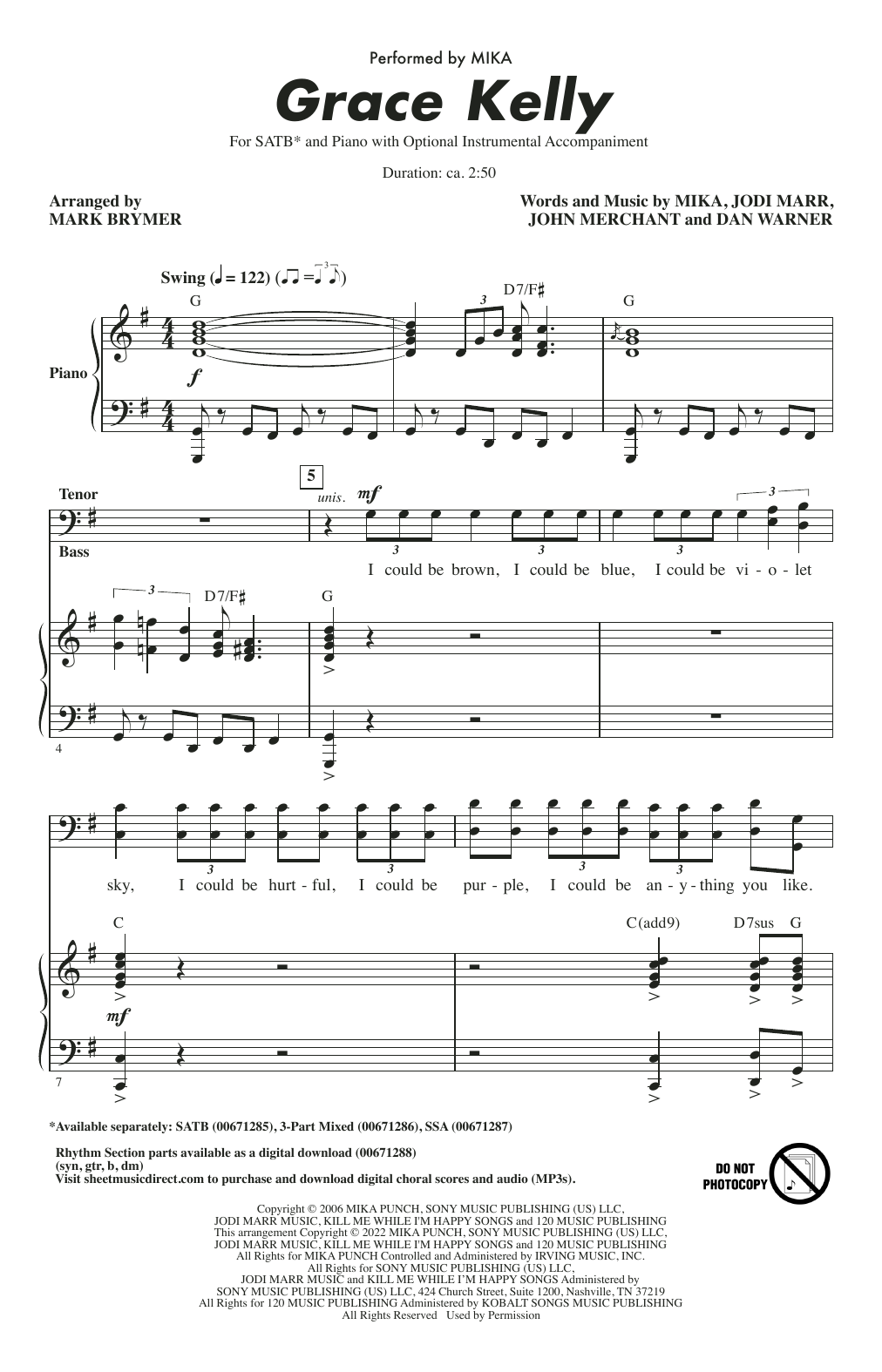 Grace Kelly (arr. Mark Brymer) (SATB Choir) von Mika