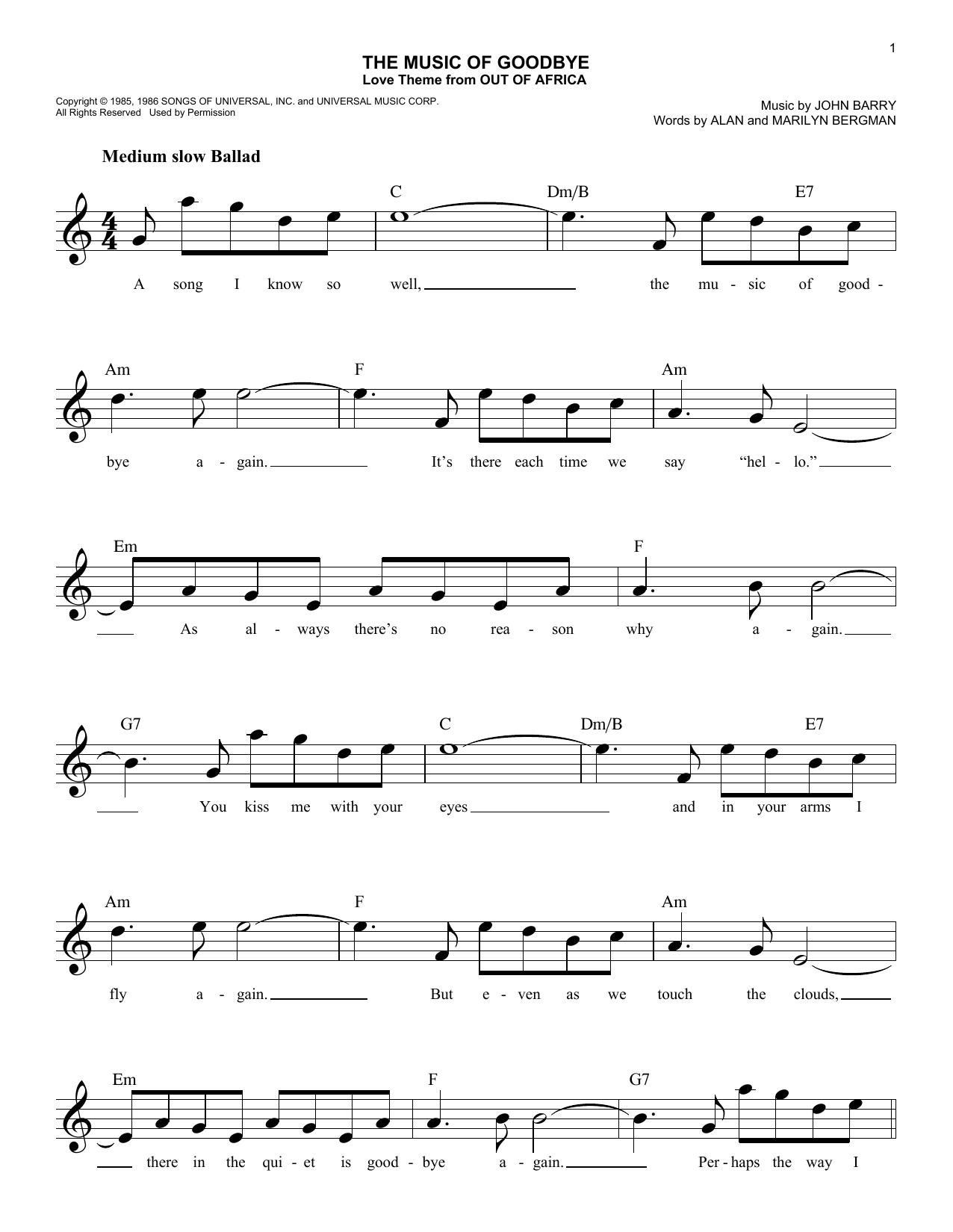 The Music Of Goodbye (Lead Sheet / Fake Book) von John Barry