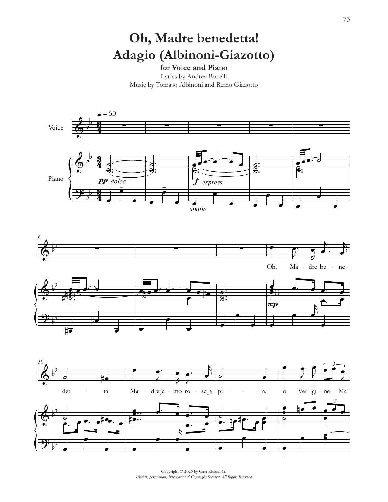 Oh, Madre Benedetta! (Adagio Di Albinoni) (Piano & Vocal) von Andrea Bocelli