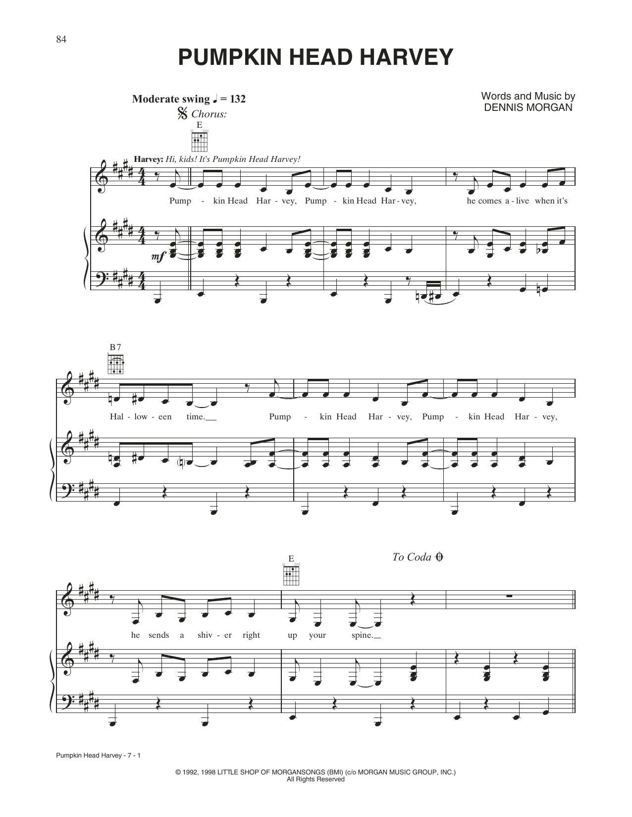 Pumpkin Head Harvey (Piano, Vocal & Guitar Chords (Right-Hand Melody)) von Dennis Morgan