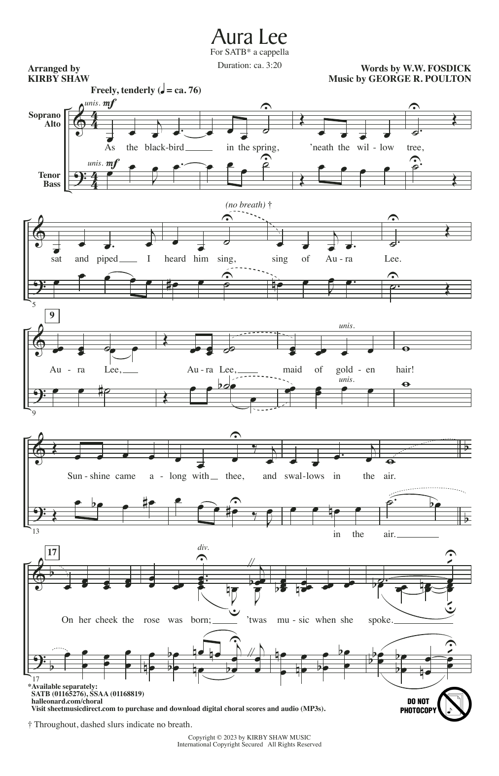 Aura Lee (arr. Kirby Shaw) (SATB Choir) von George R. Poulton