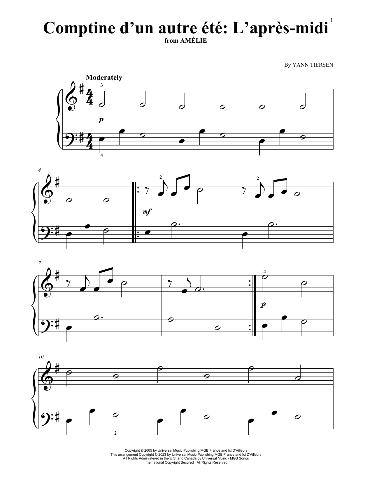 Comptine d'un autre t: L'aprs-midi (from Amelie) (Big Note Piano) von Yann Tiersen