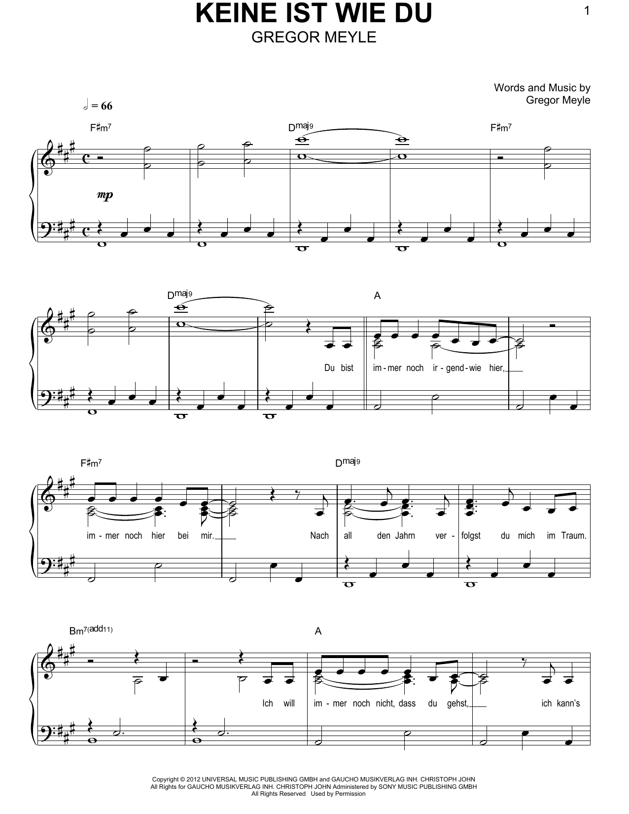 Keine Ist Wie Du (Easy Piano) von Gregor Meyle
