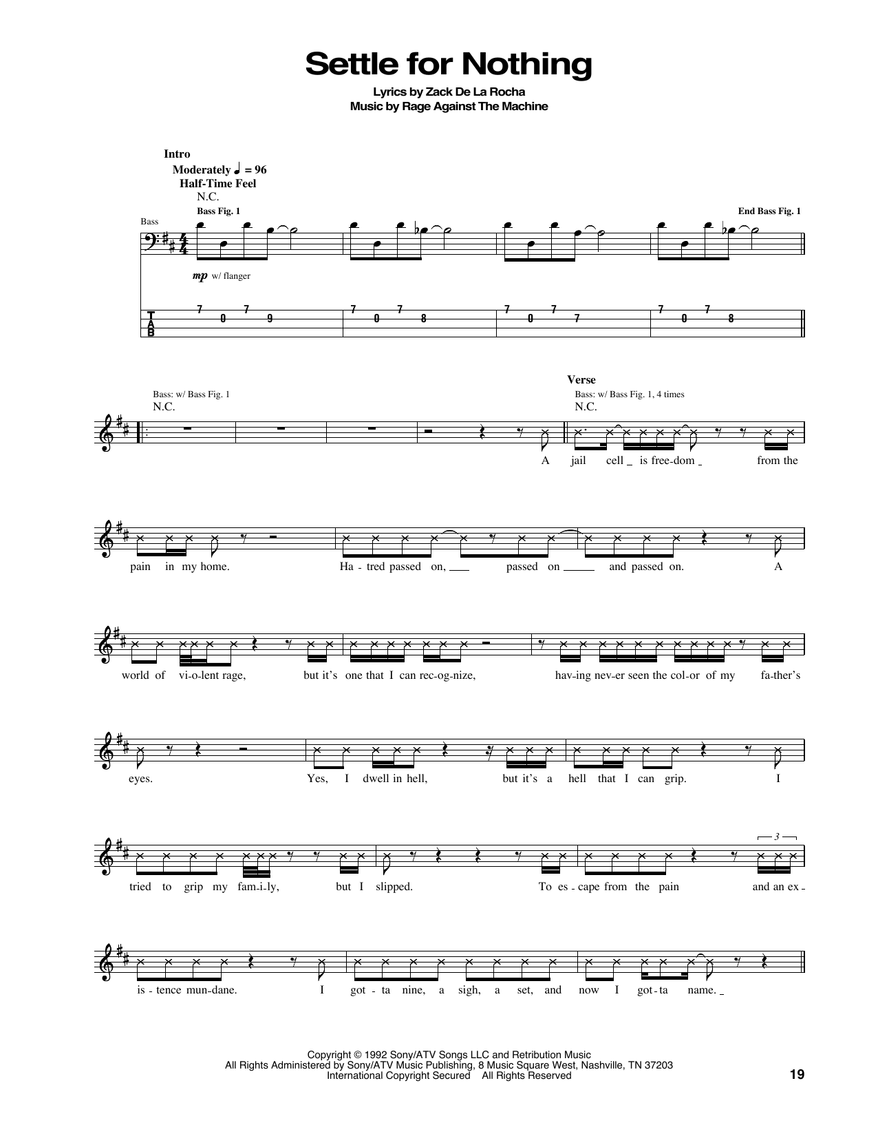 Settle For Nothing (Bass Guitar Tab) von Rage Against The Machine