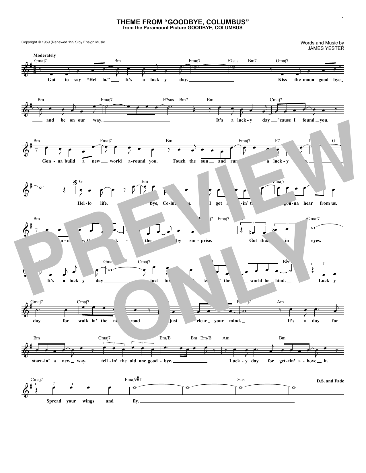 Theme From Goodbye Columbus (Lead Sheet / Fake Book) von James Yester