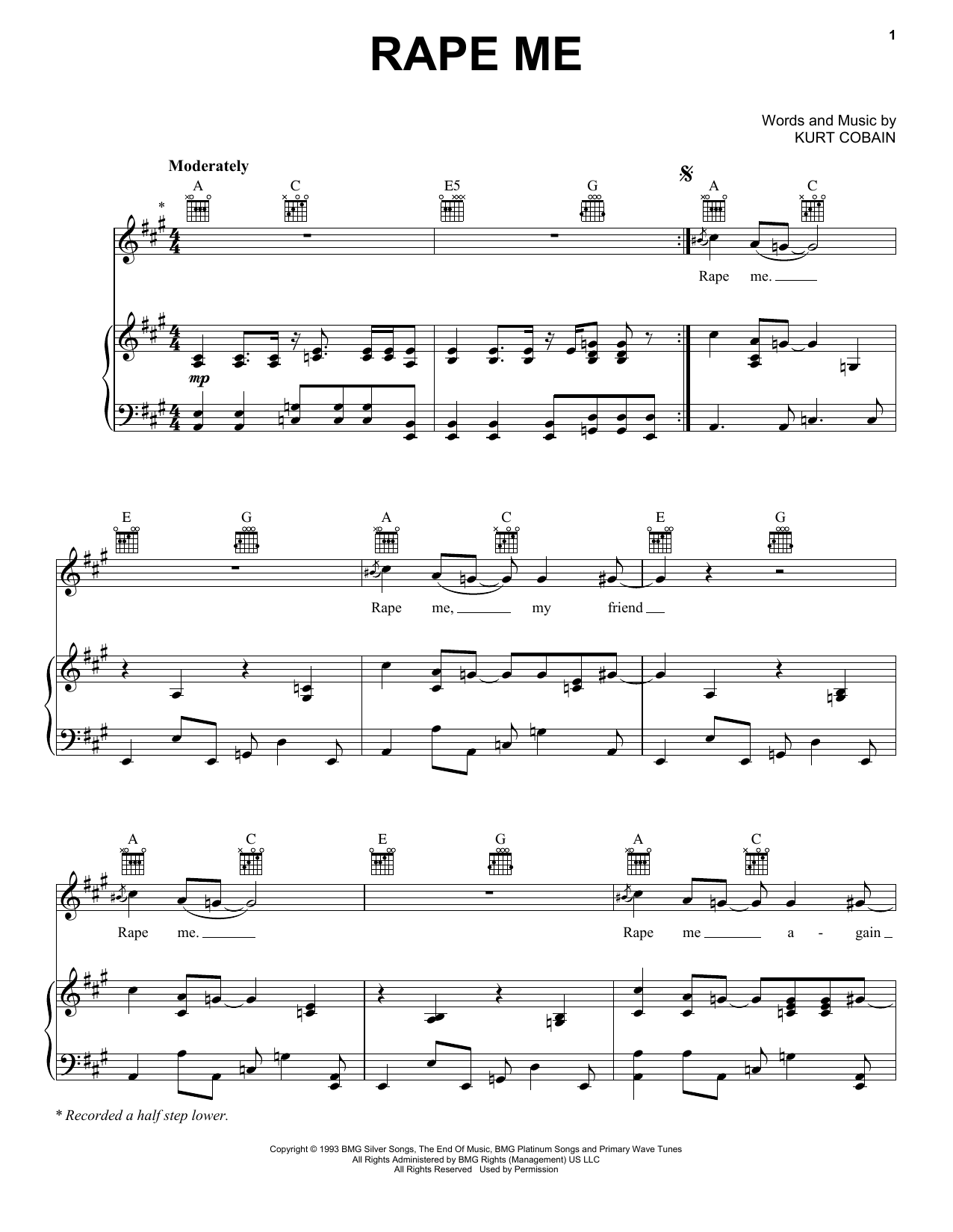 Rape Me (Piano, Vocal & Guitar Chords (Right-Hand Melody)) von Nirvana