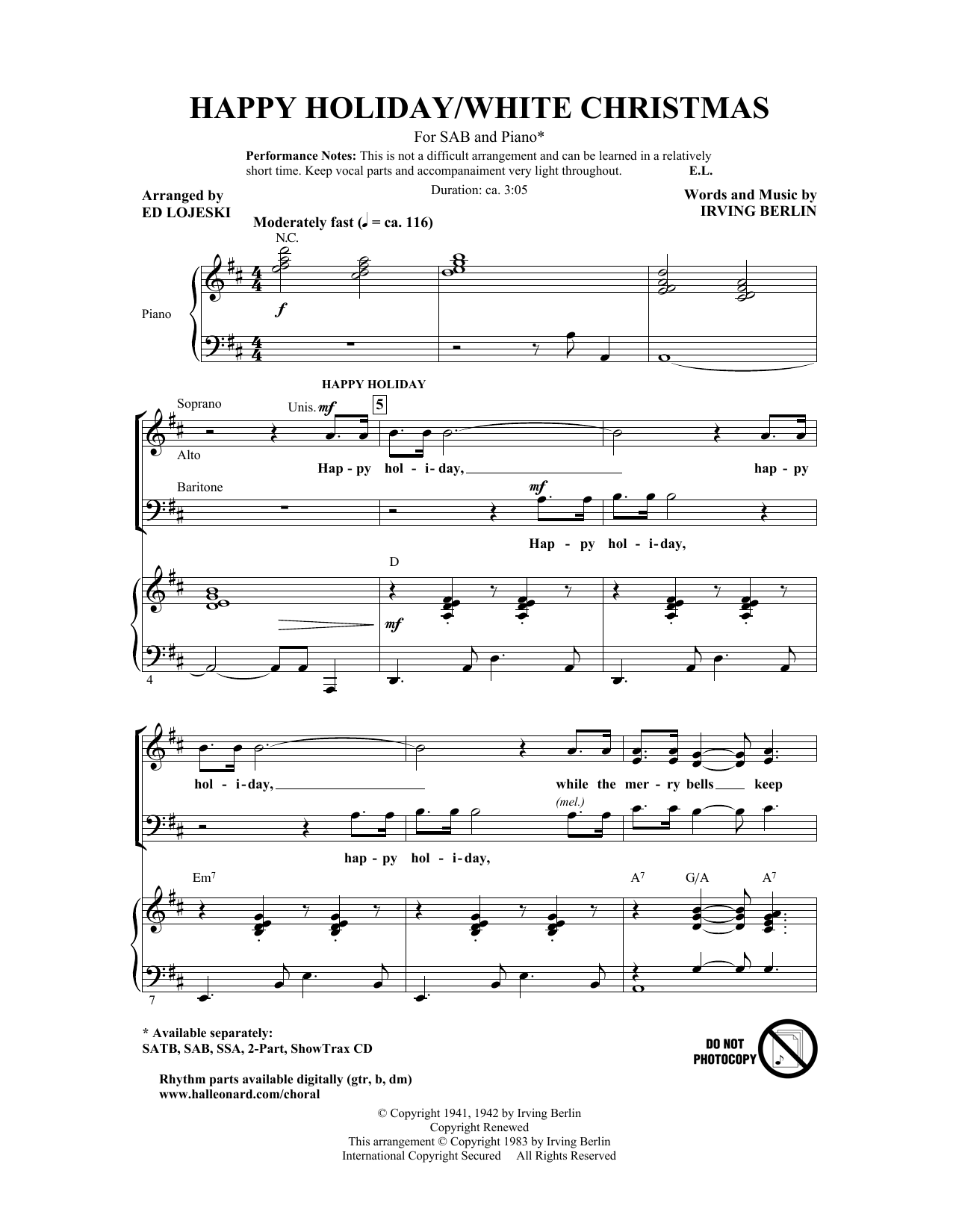 Happy Holiday (arr. Ed Lojeski) (SAB Choir) von Irving Berlin