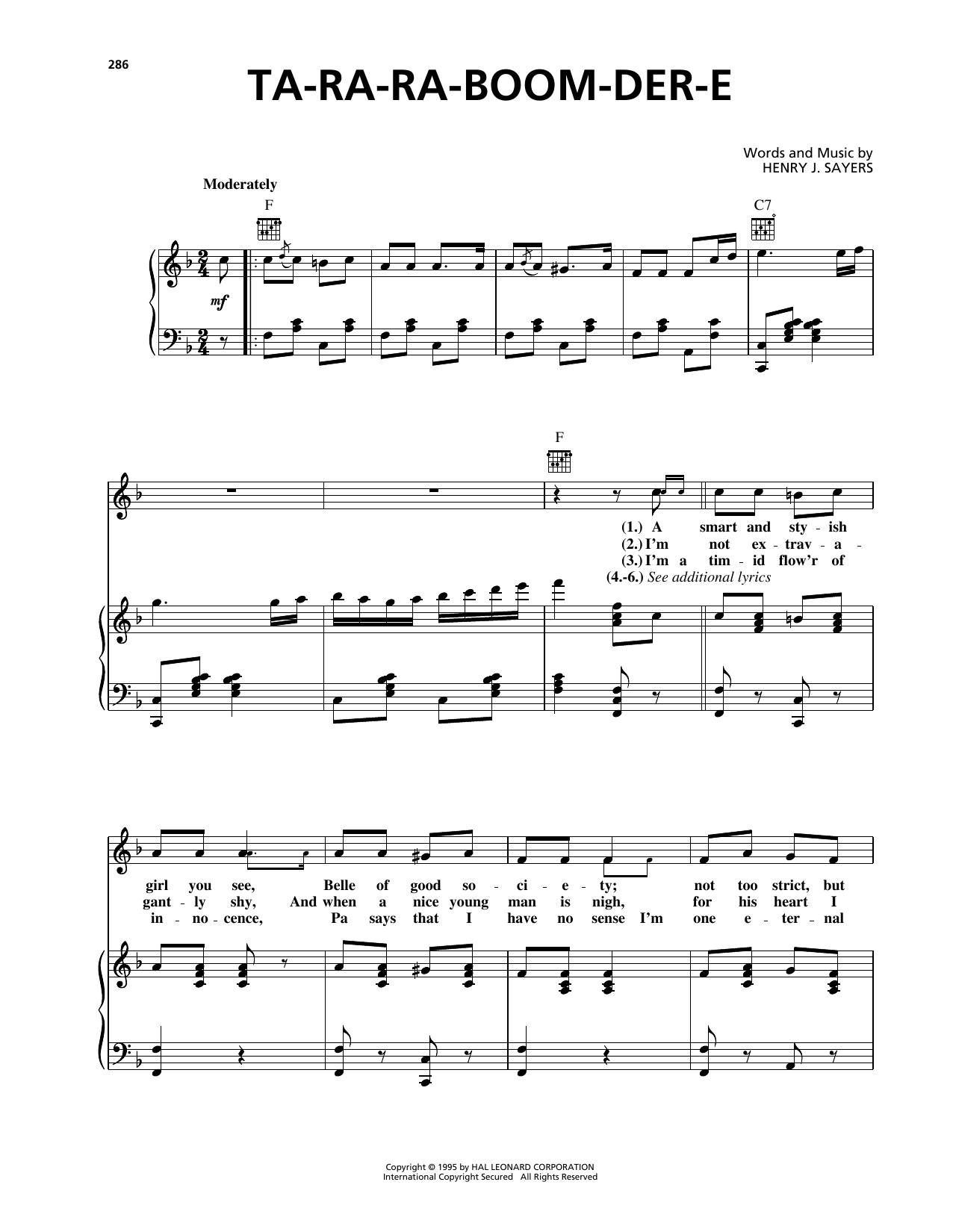 Ta-Ra-Ra-Boom-Der-E (Piano, Vocal & Guitar Chords (Right-Hand Melody)) von Henry J. Sayers