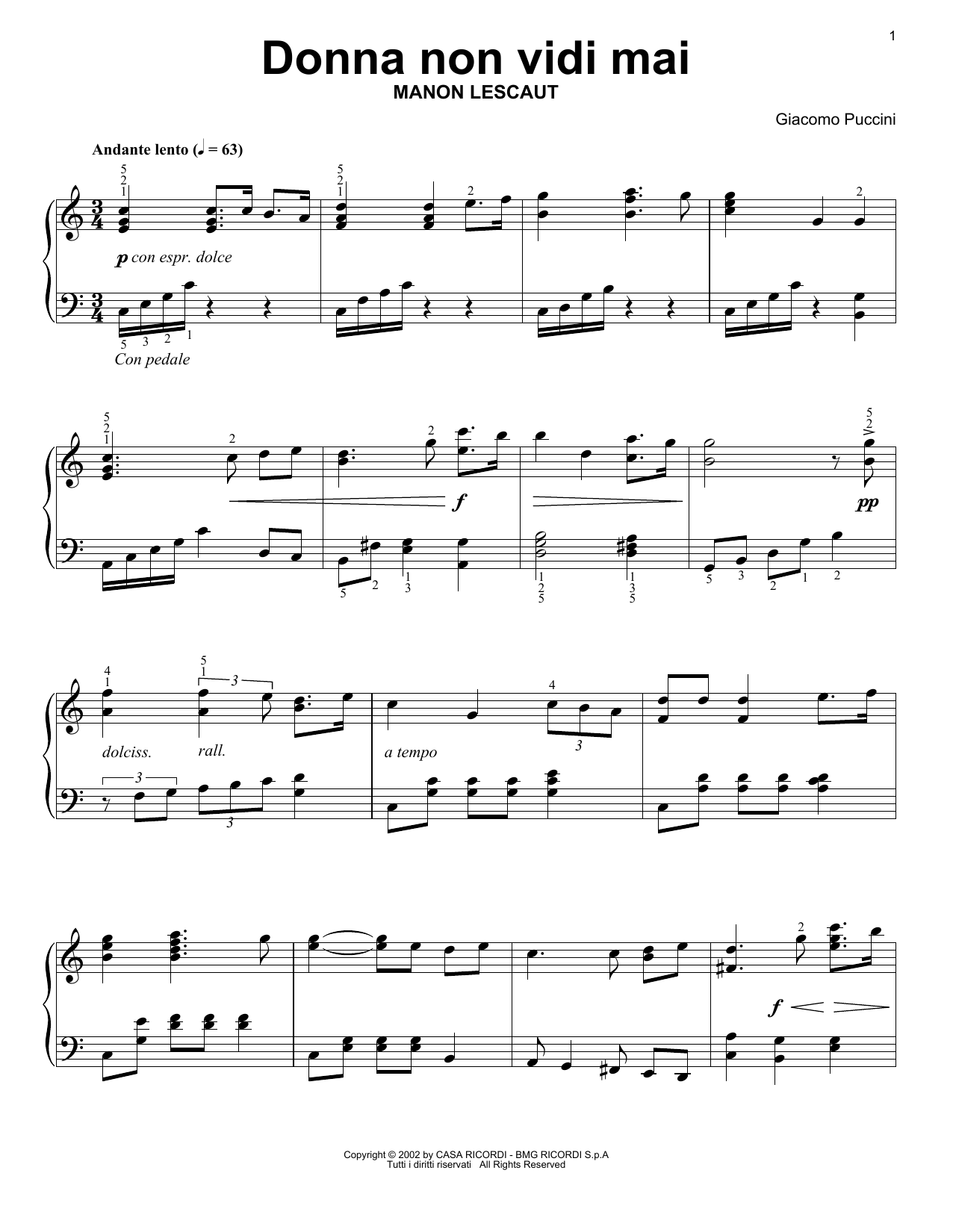 Donna Non Vidi Mai (Easy Piano Solo) von Giacomo Puccini