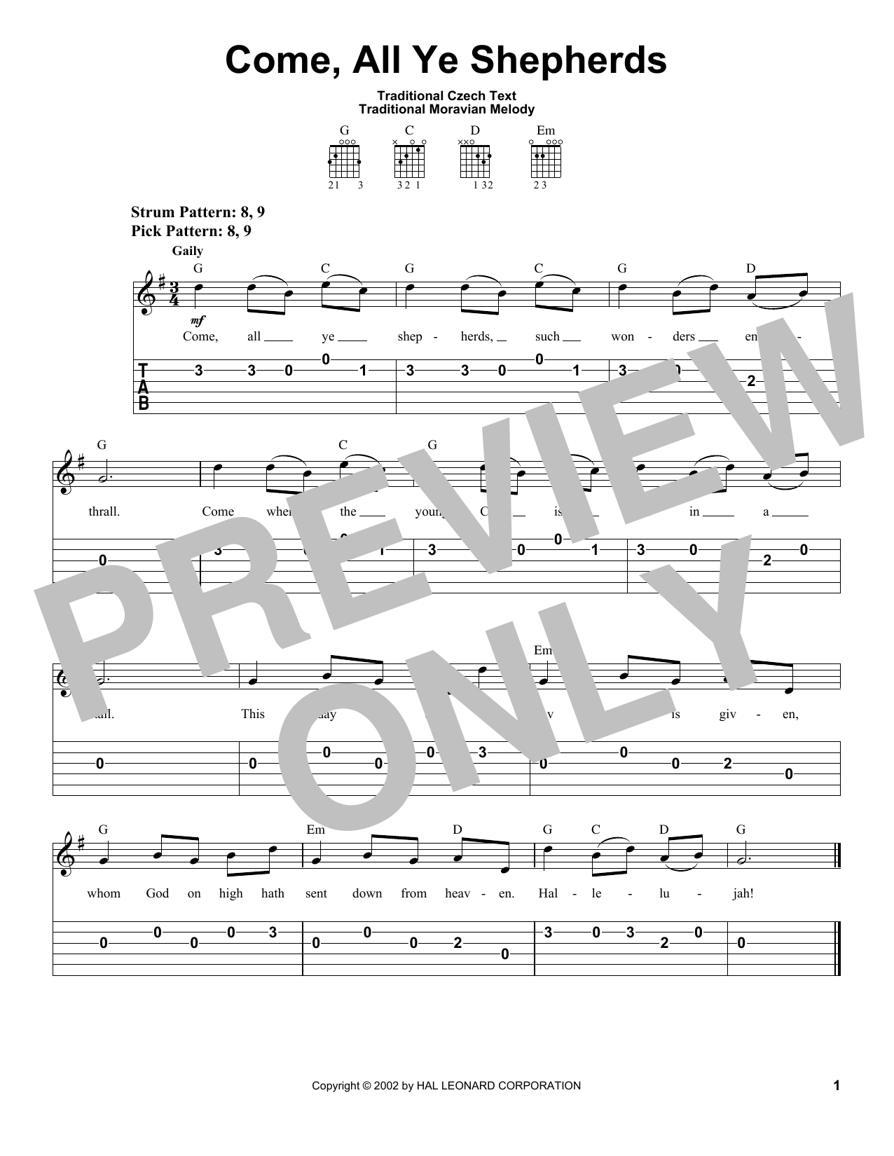 Come, All Ye Shepherds (Easy Guitar Tab) von Traditional Czech Text