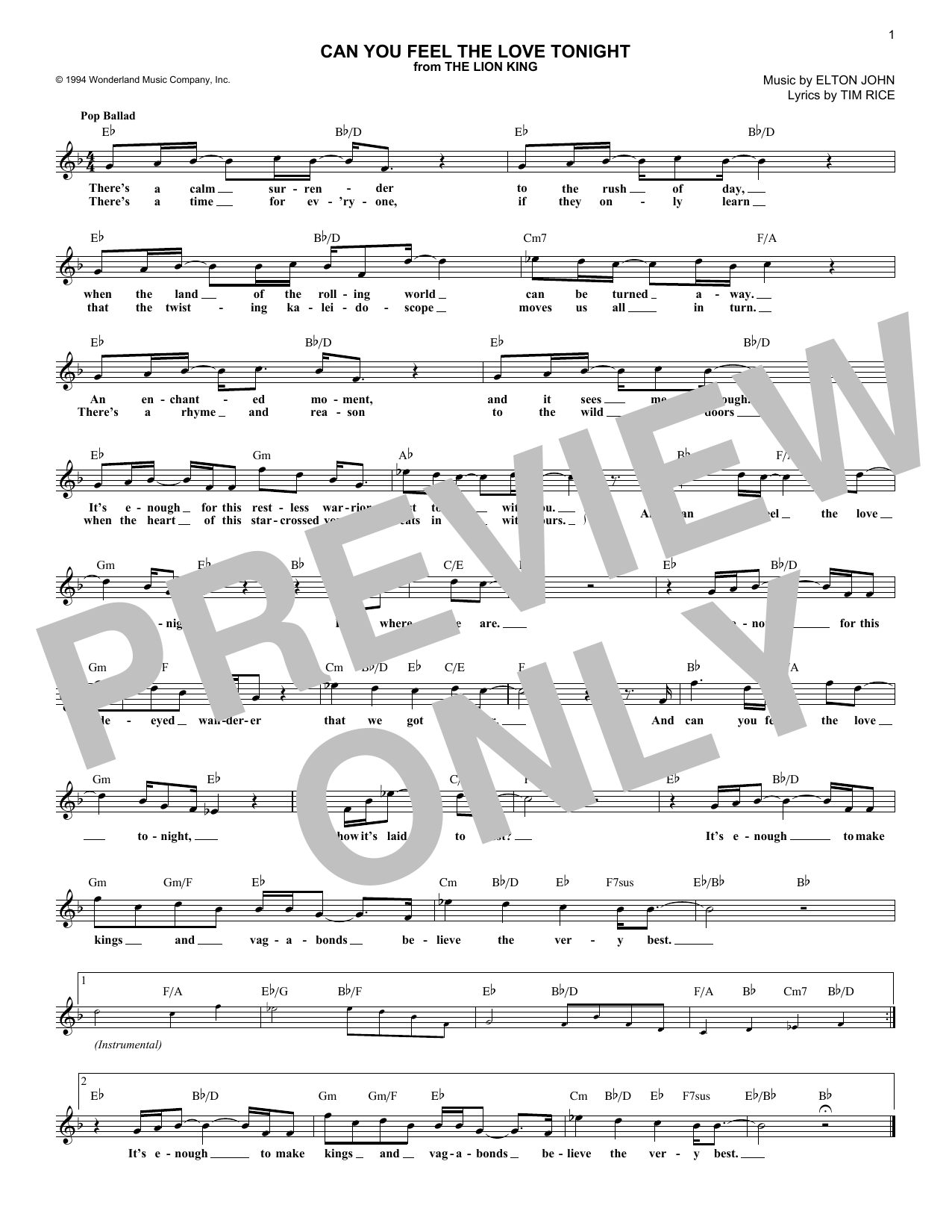 Can You Feel the Love Tonight (from The Lion King) (Lead Sheet / Fake Book) von Elton John