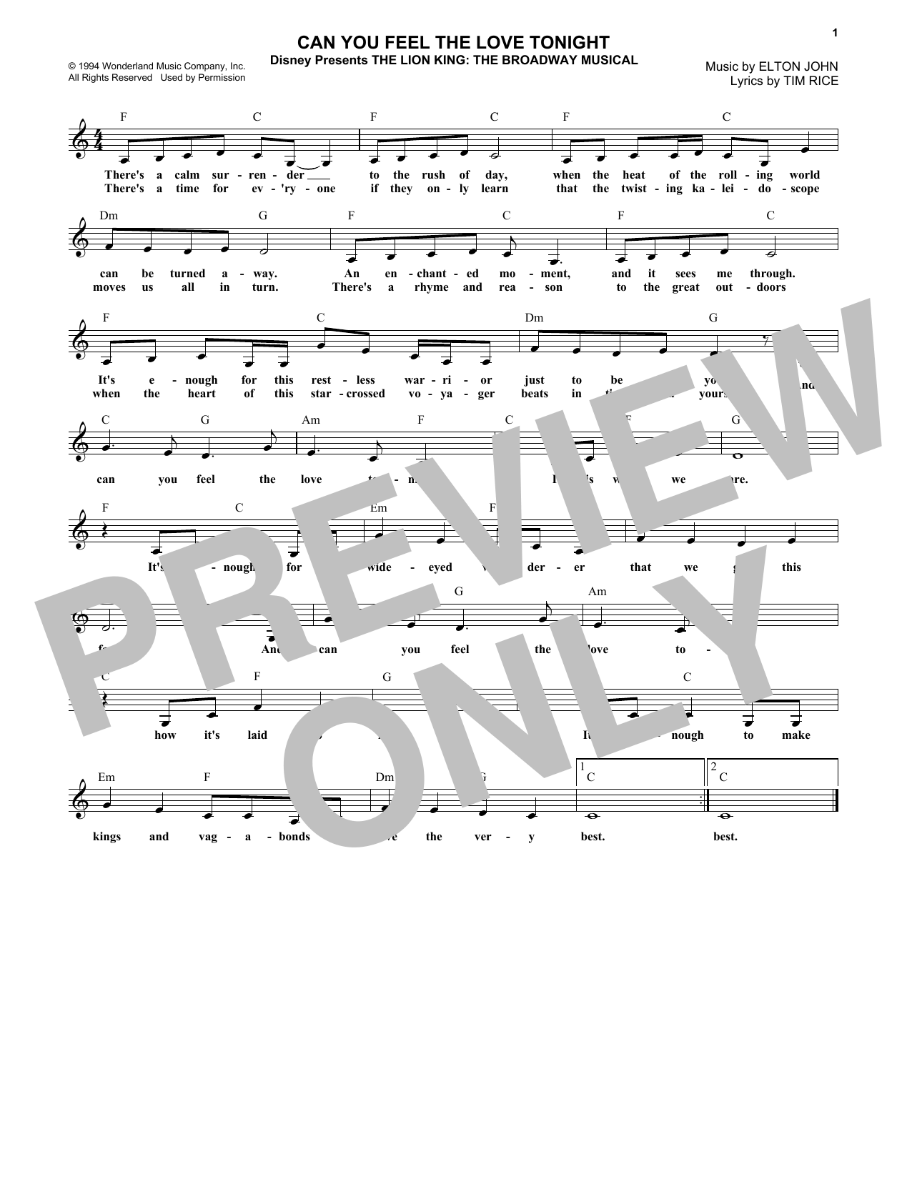 Can You Feel The Love Tonight (from The Lion King) (Lead Sheet / Fake Book) von Elton John